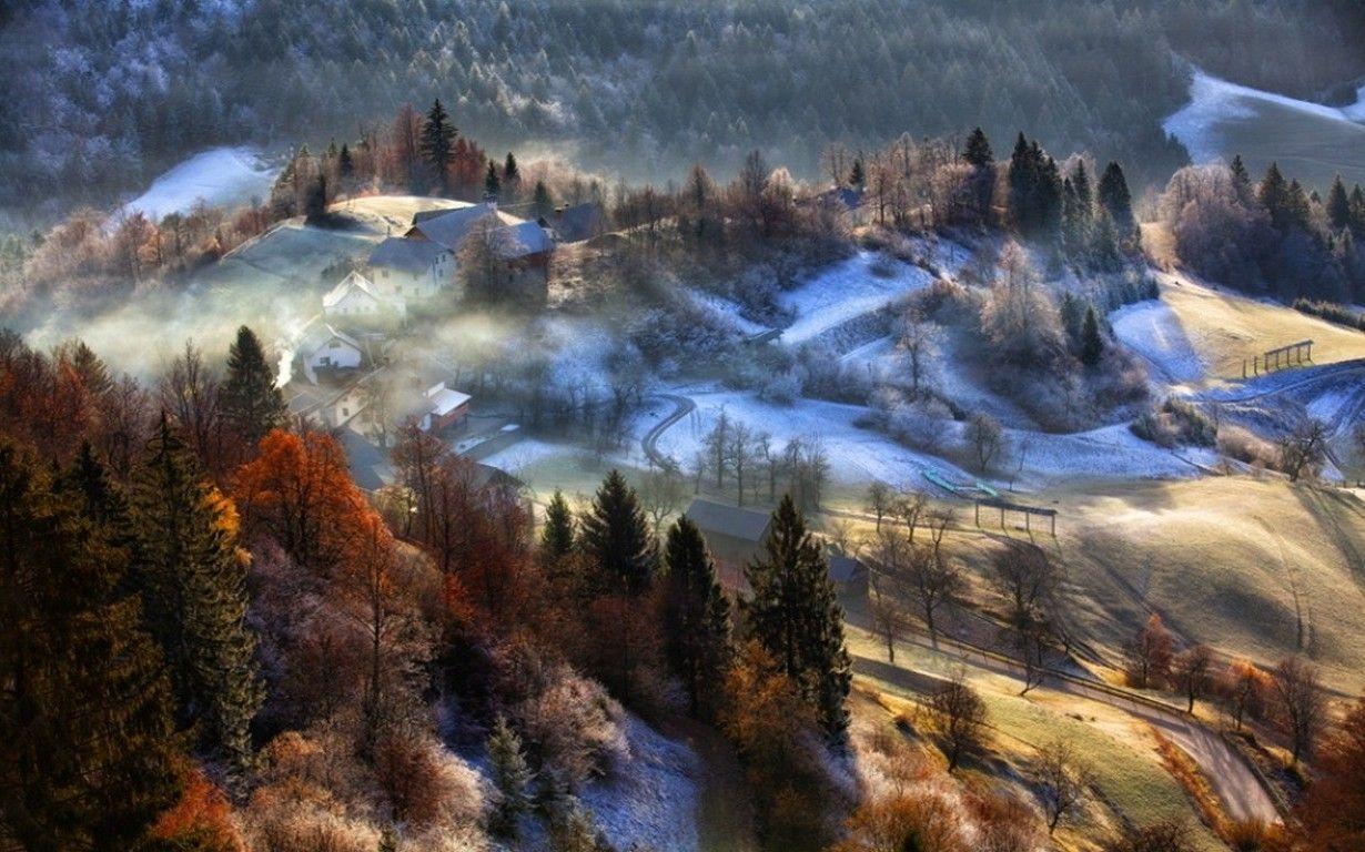nature, Landscape, Mountain, Village, Trees, Fall, Sunrise, Snow