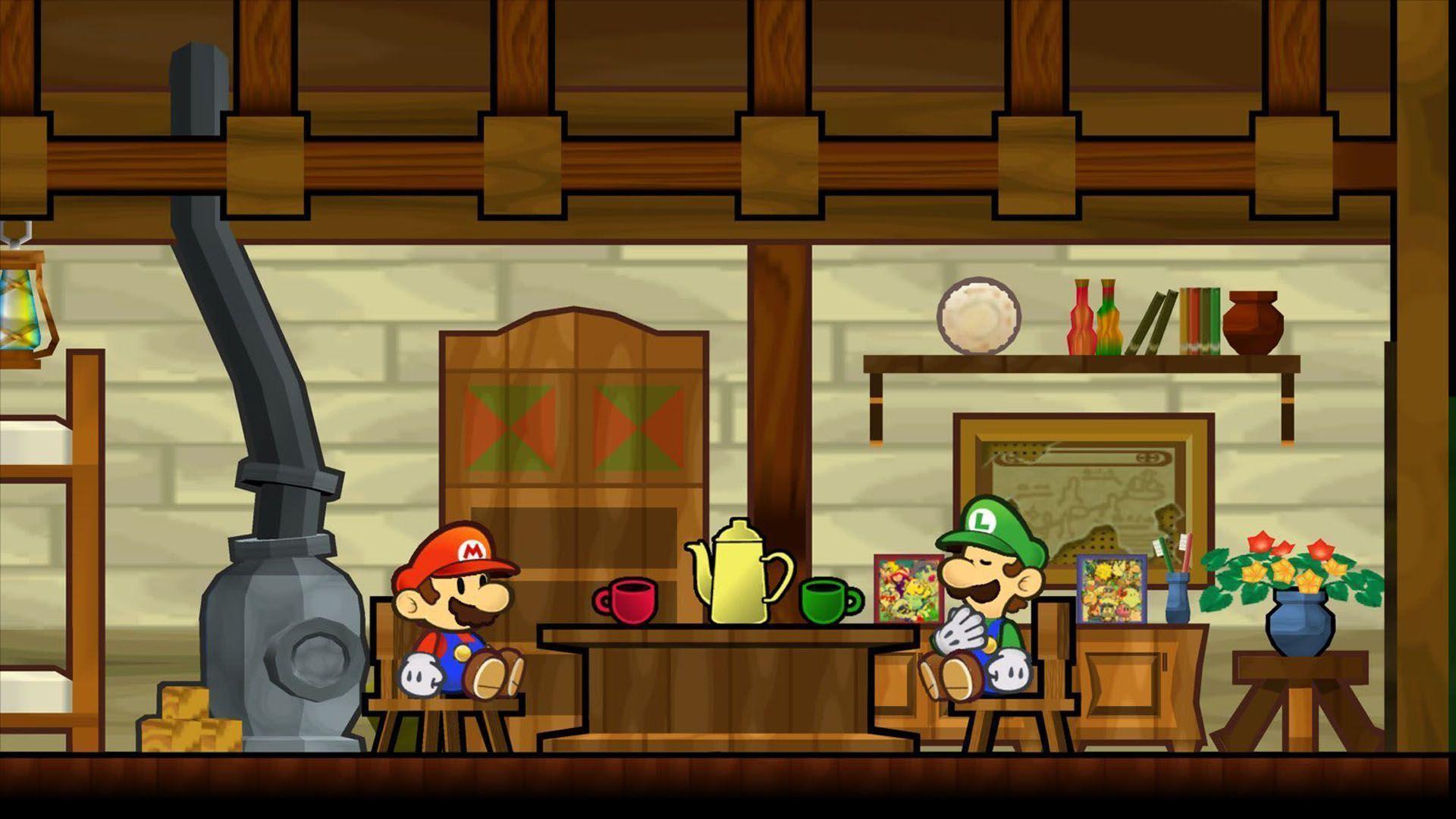Super Paper Mario Having A Cup Of Tea With Luigi