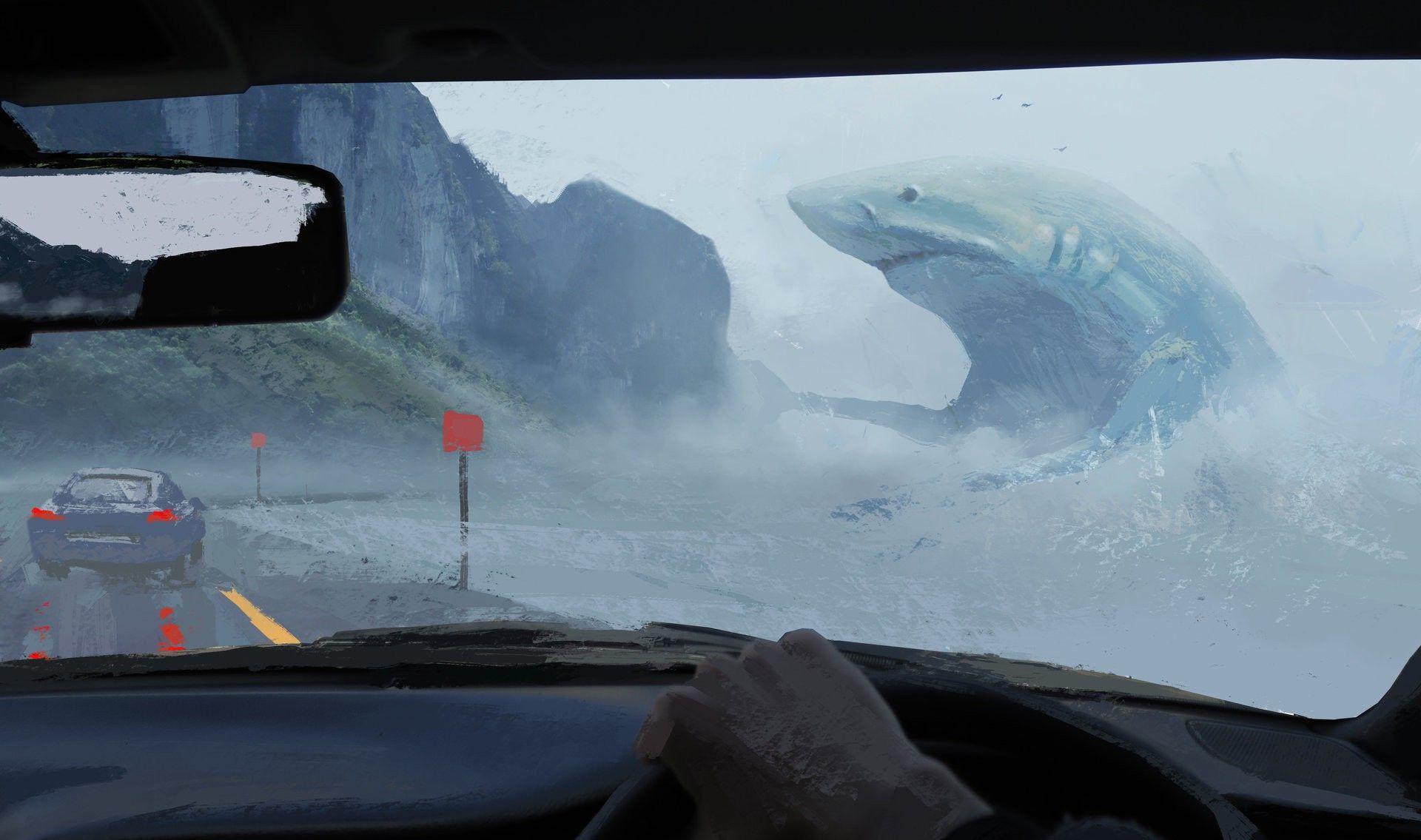artwork, Painting, Shark, Animals, Car, Road, Sea, Car Interior