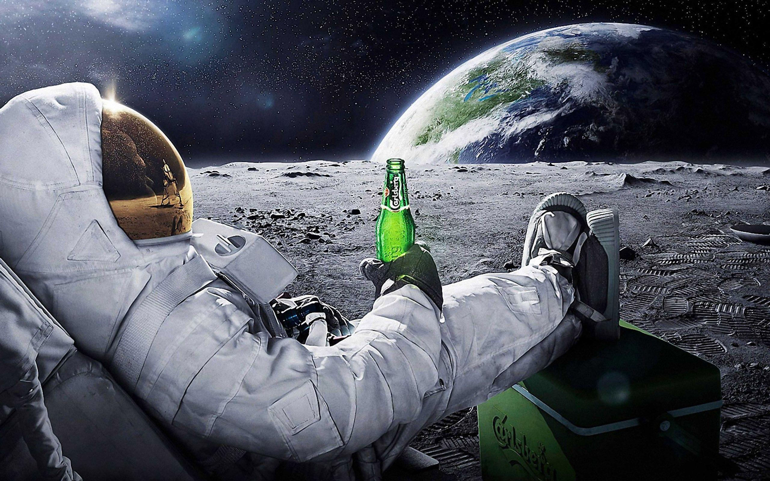 Astronaut Drinking Carlsberg Beer Moon Space Wallpaper