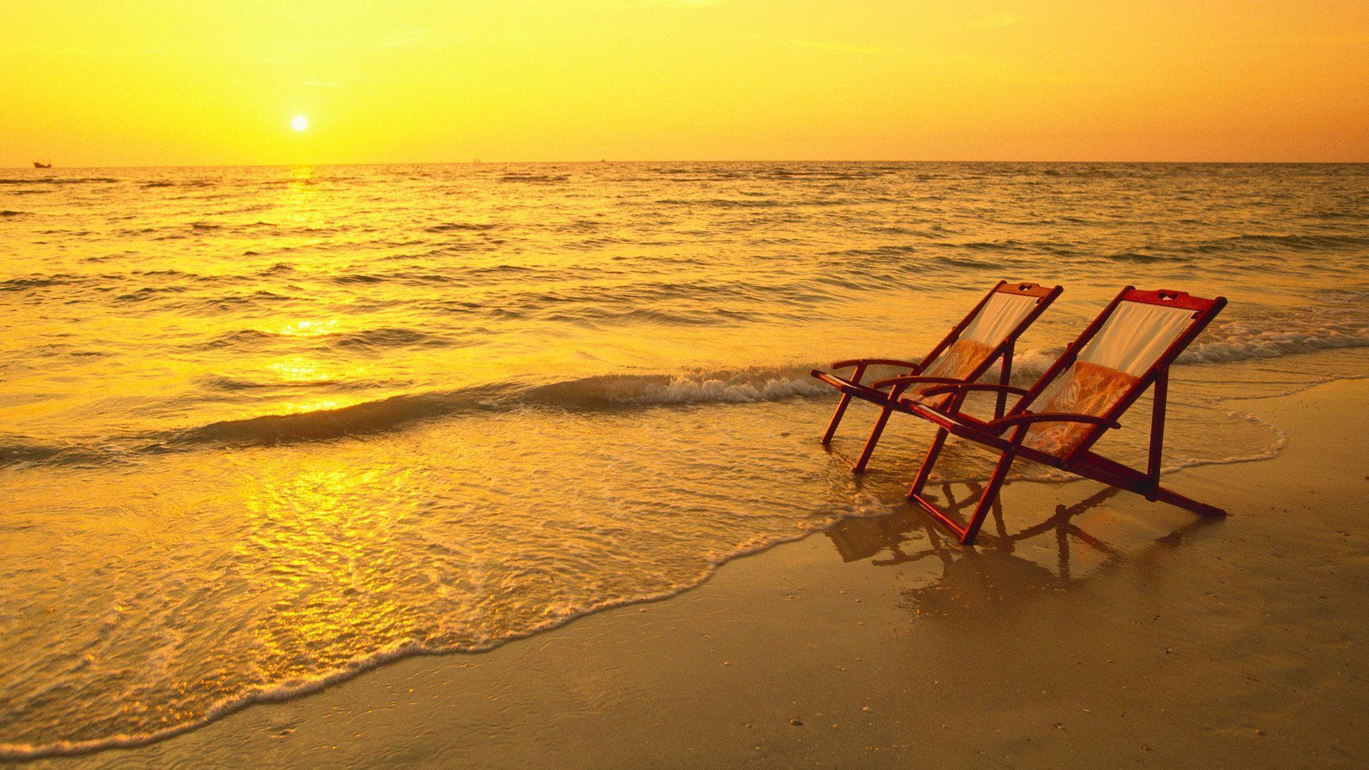 Beach sunset chairs wallpaperx1080