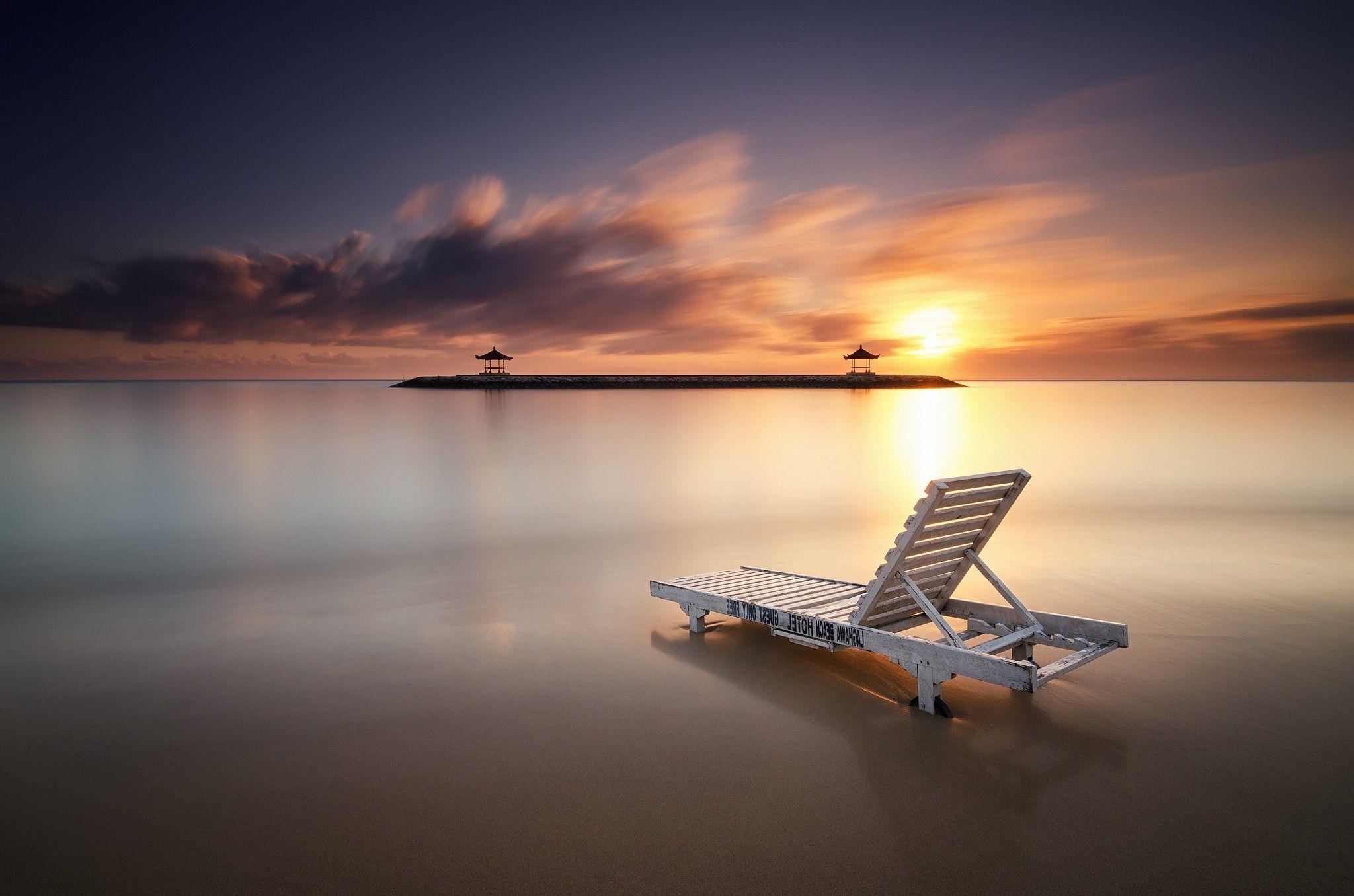 Indonesia, Beach, Bali, Village, Landscape, Sunset, Sea, Chair