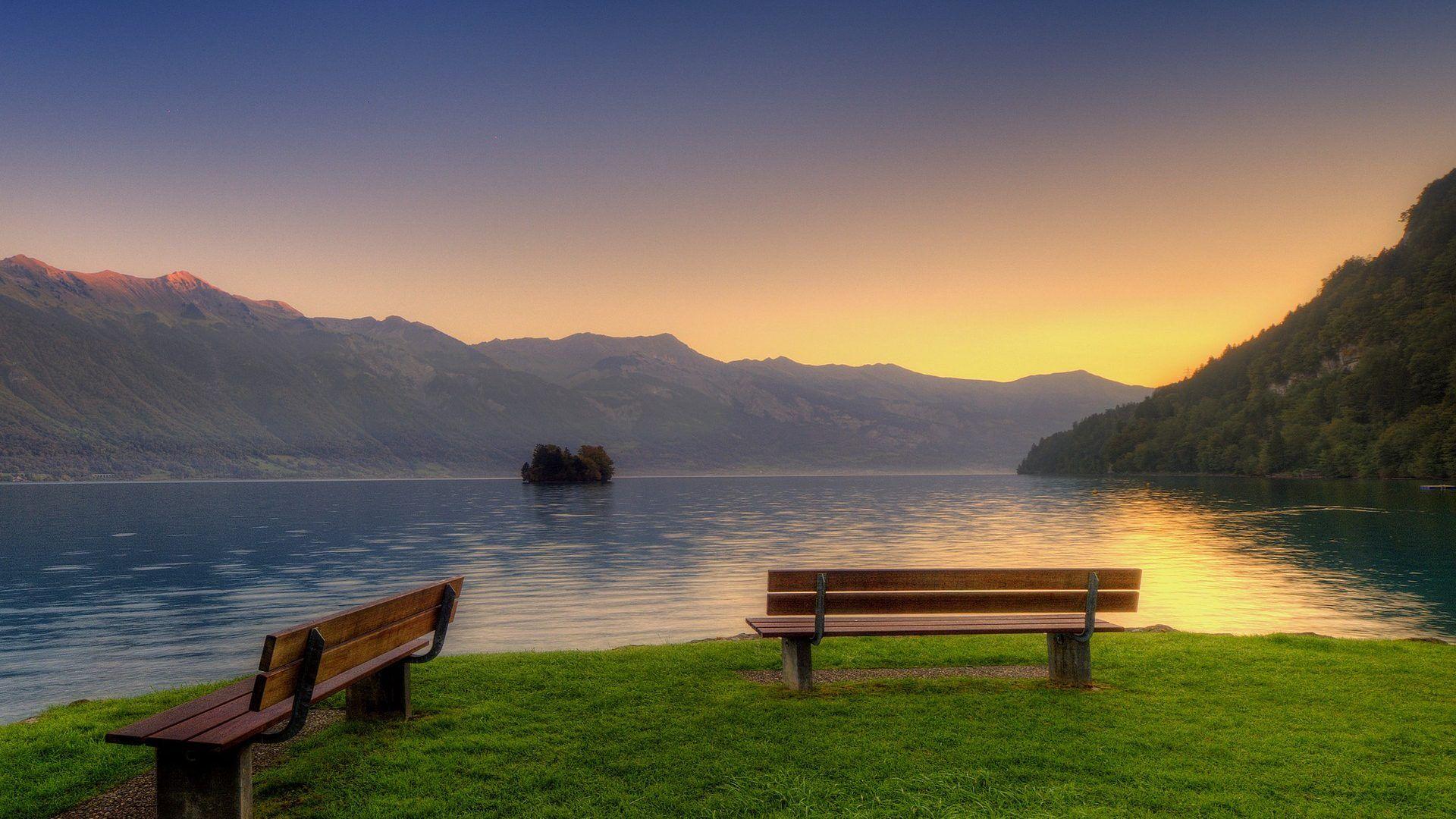 Lakes: Sunset Mountain Meditation Quiet Place Grass Lake Water