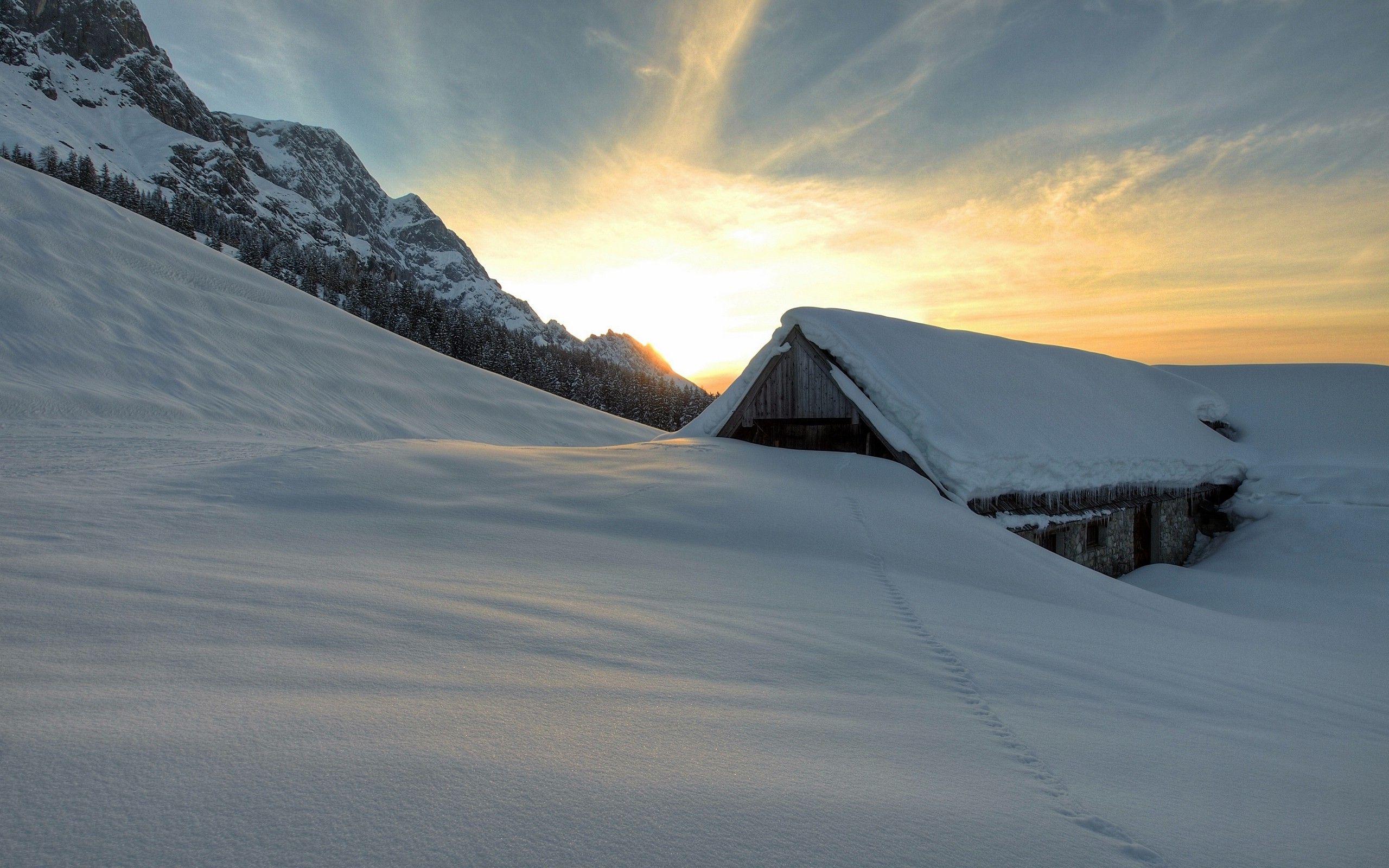 nature, Sunset, Mountain, Snow, Cabin, Barns Wallpaper HD