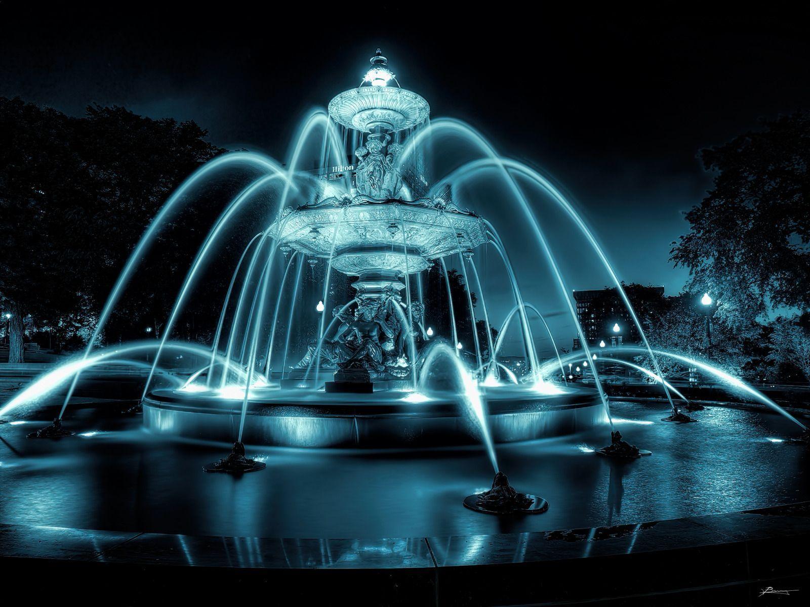 Beautiful Fountain Shining at Night Time, Quebec, Canada
