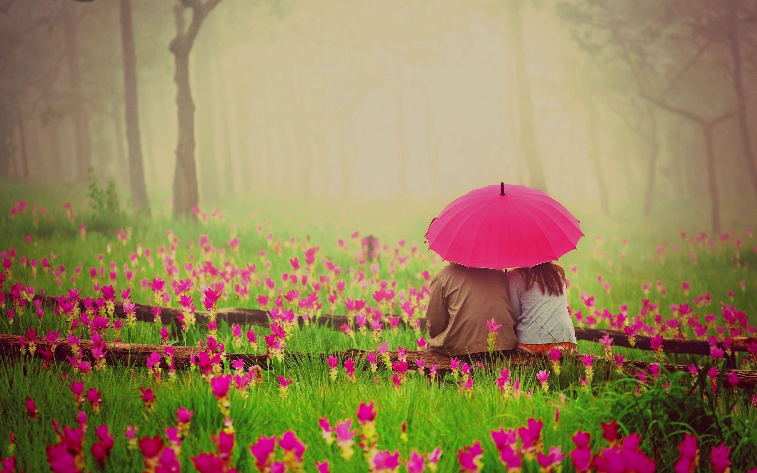 boy girl couple umbrella rain flowers garden pink. Love