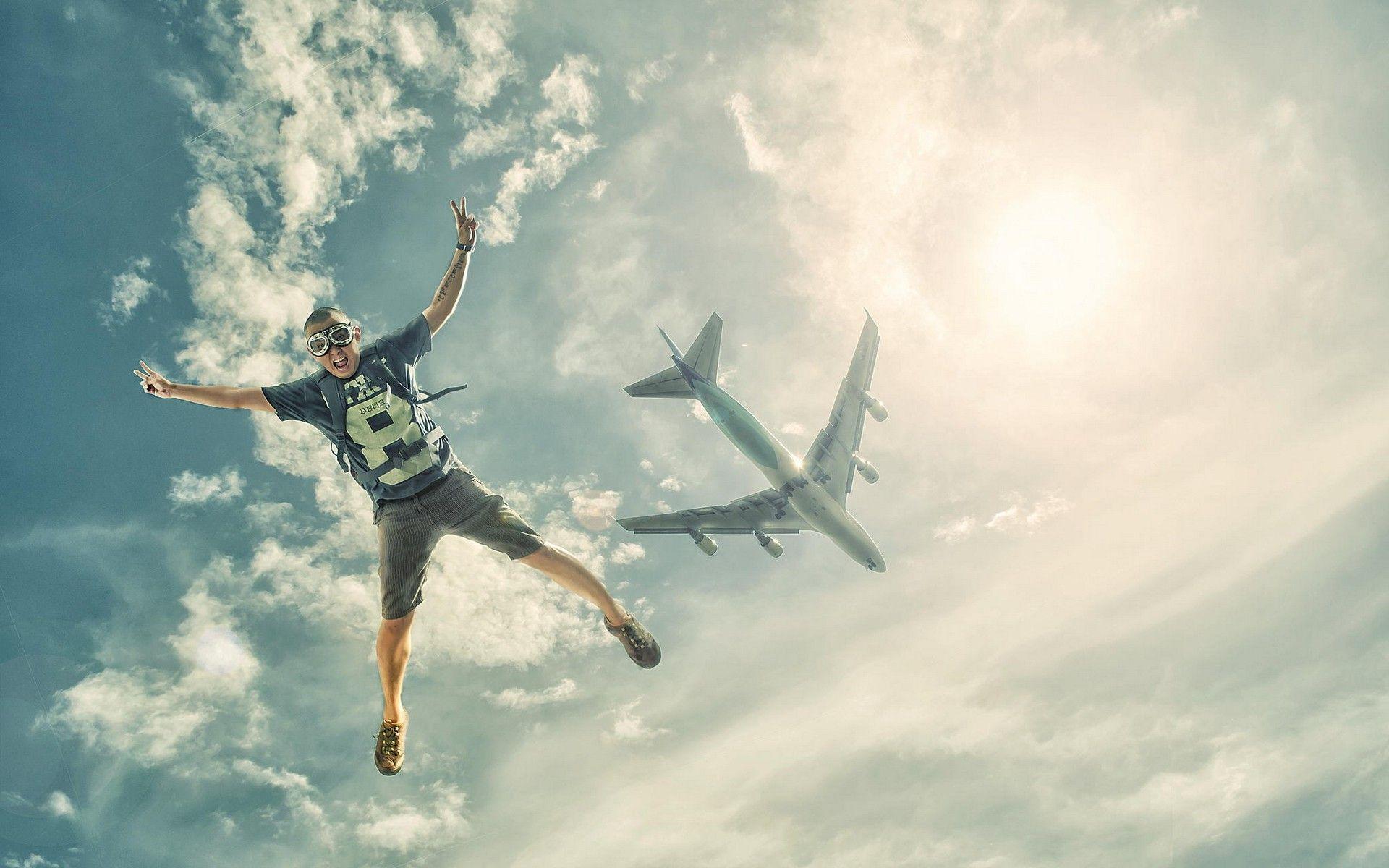 landscape, Jumping, Airplane, Sky, Sun, Clouds, Skydiver, Sports