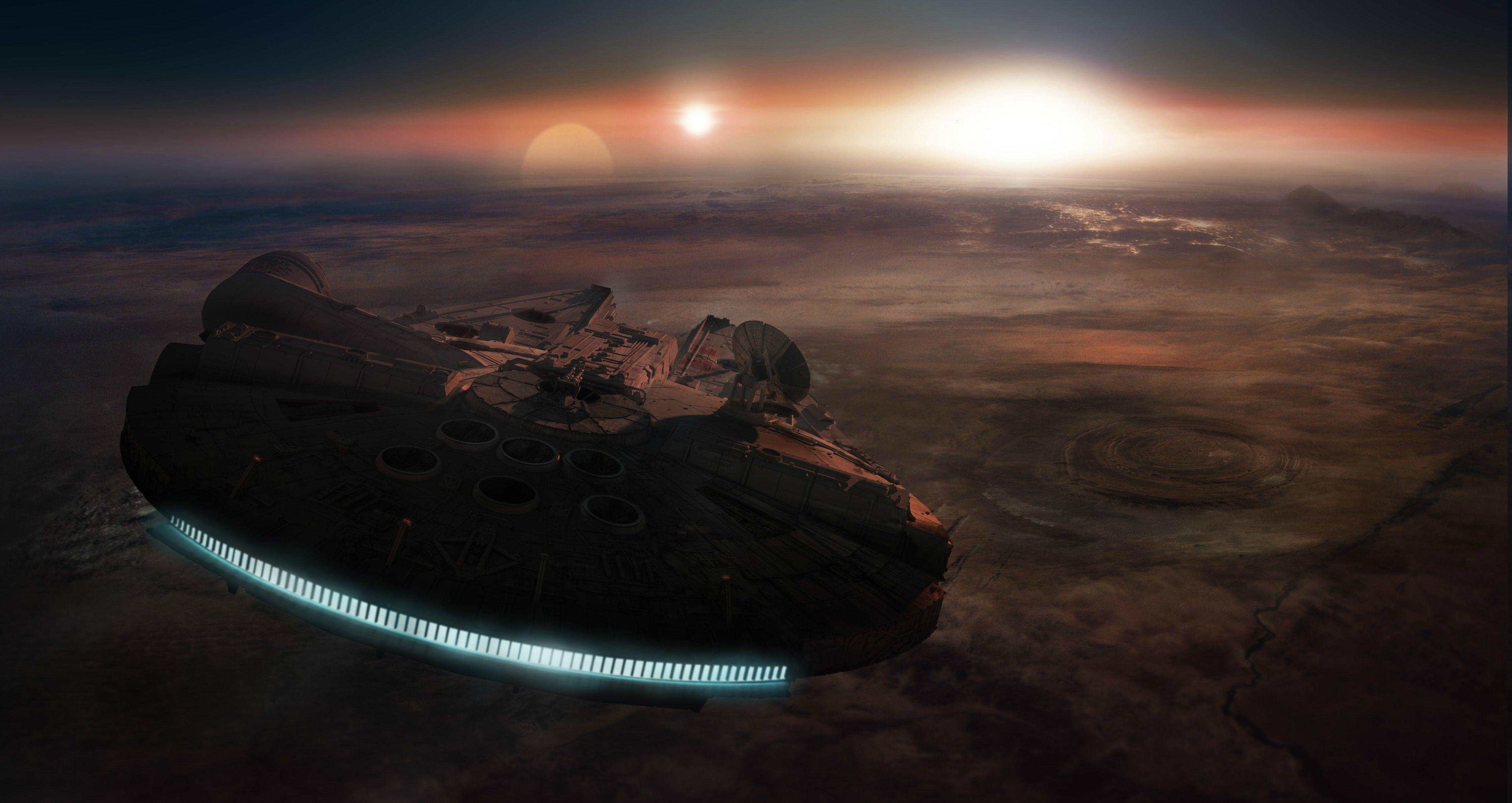 Download HD Star Wars, Millennium Falcon, Desert, Sunset Wallpaper