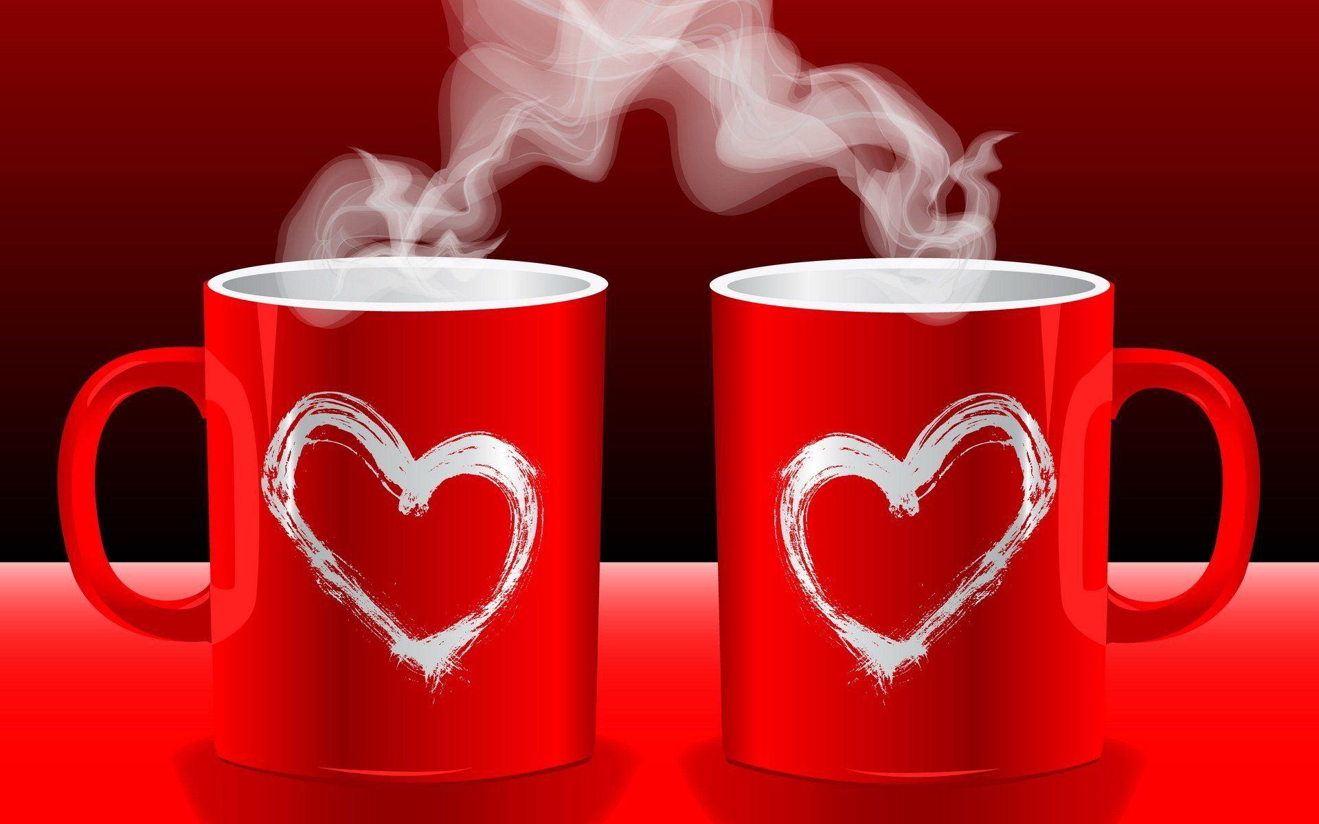 mood mug cup heart love pairs hot coffee tea red background