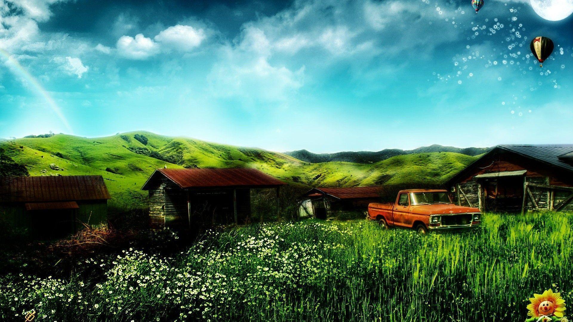 Cars home fantasy art digital art house farms wallpaper