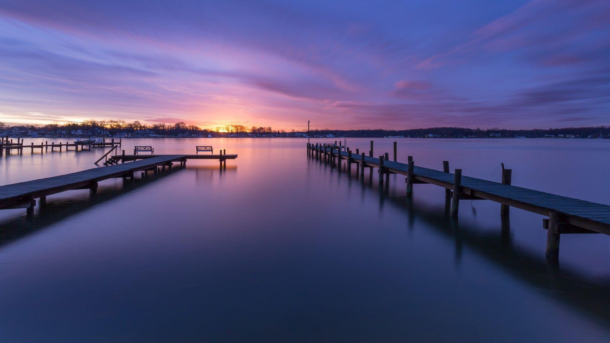 nature, Landscape, Sunset, Trees, Maryland, USA, Water, Pier