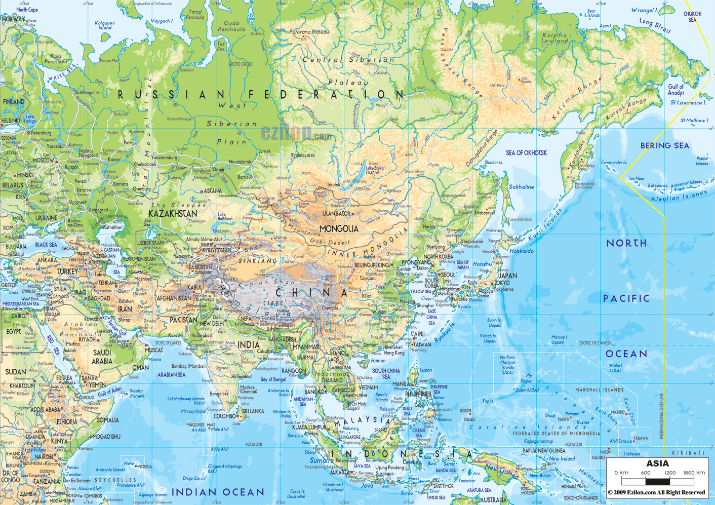 Physical Map of Asia and Asian Countries Maps. School