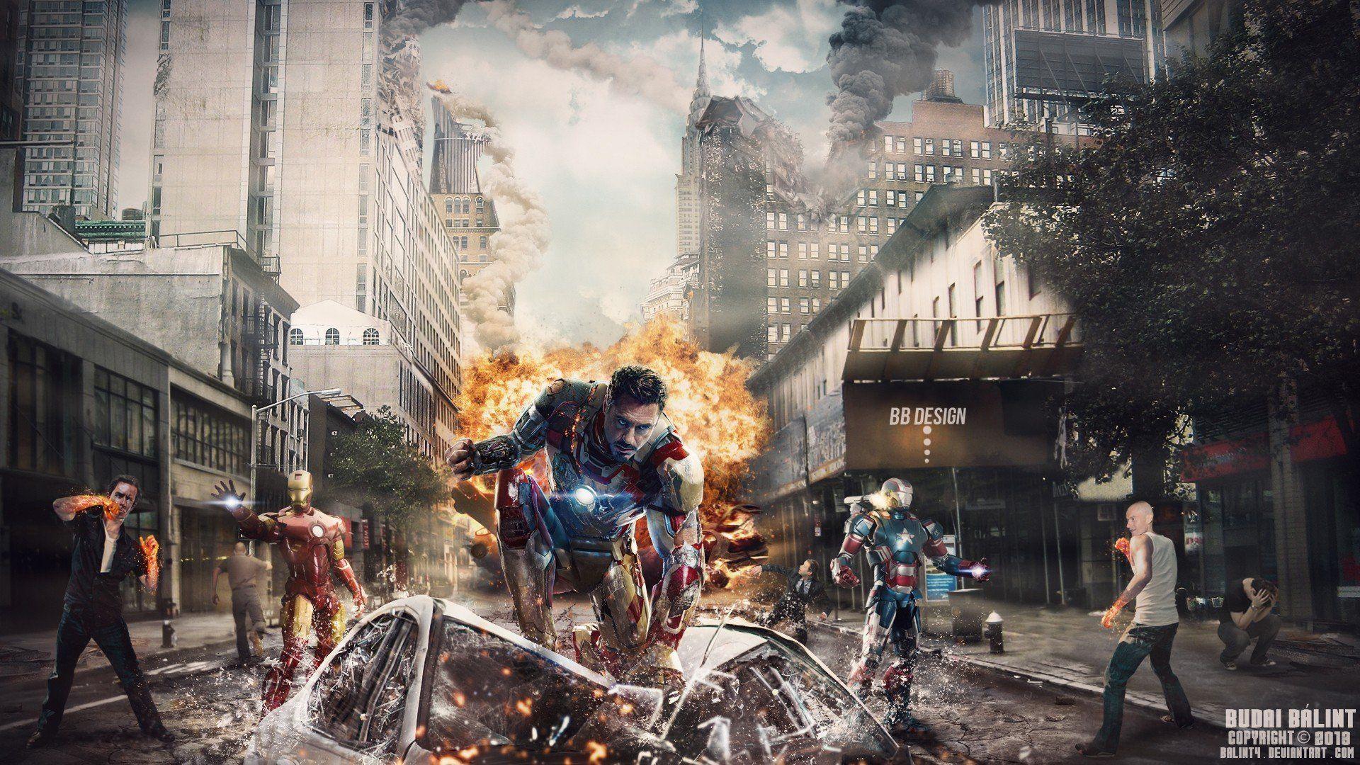 Iron Man cars explosions New York City destroyed Robert Downey Jr