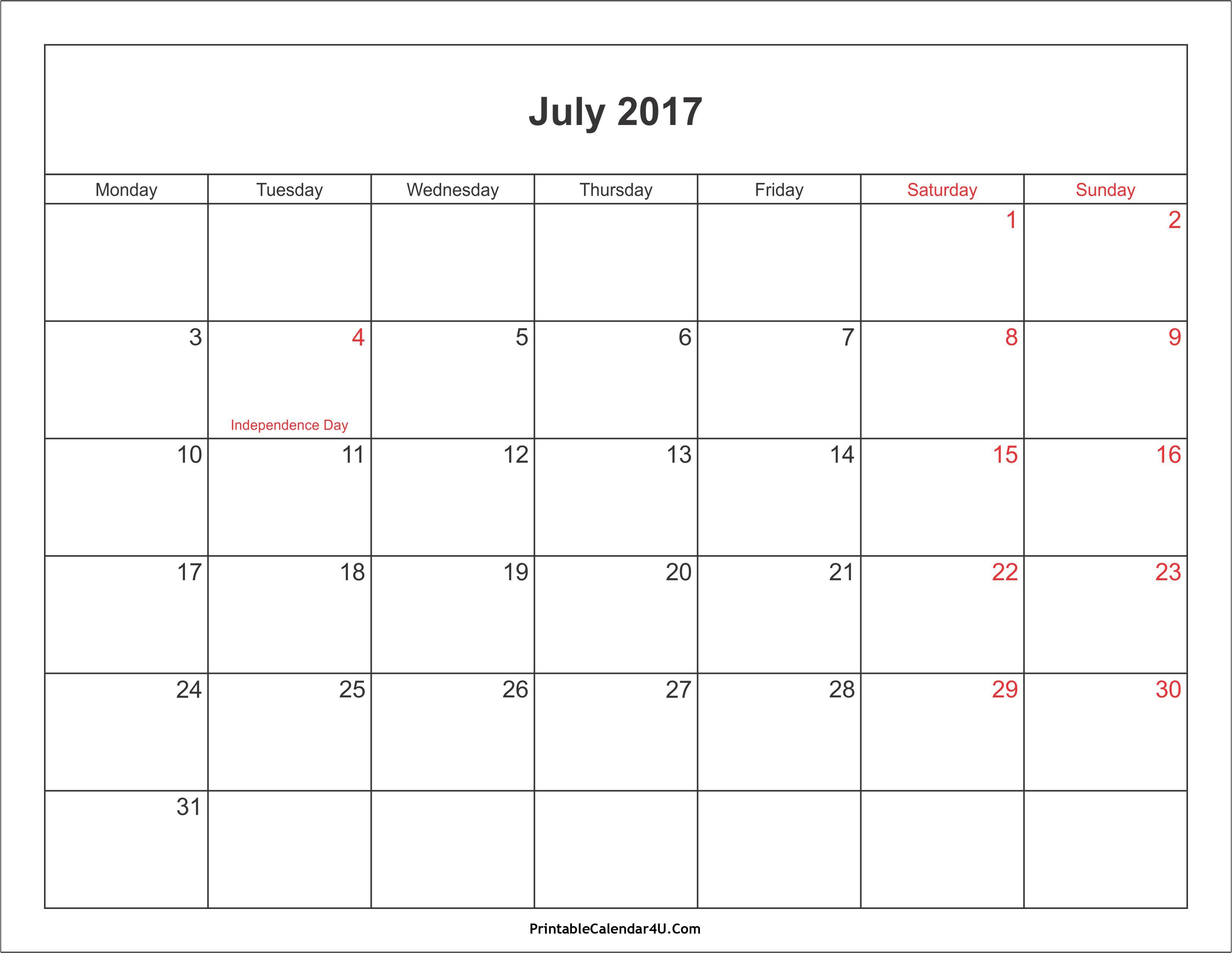 Calendar 2017 July Wallpaper