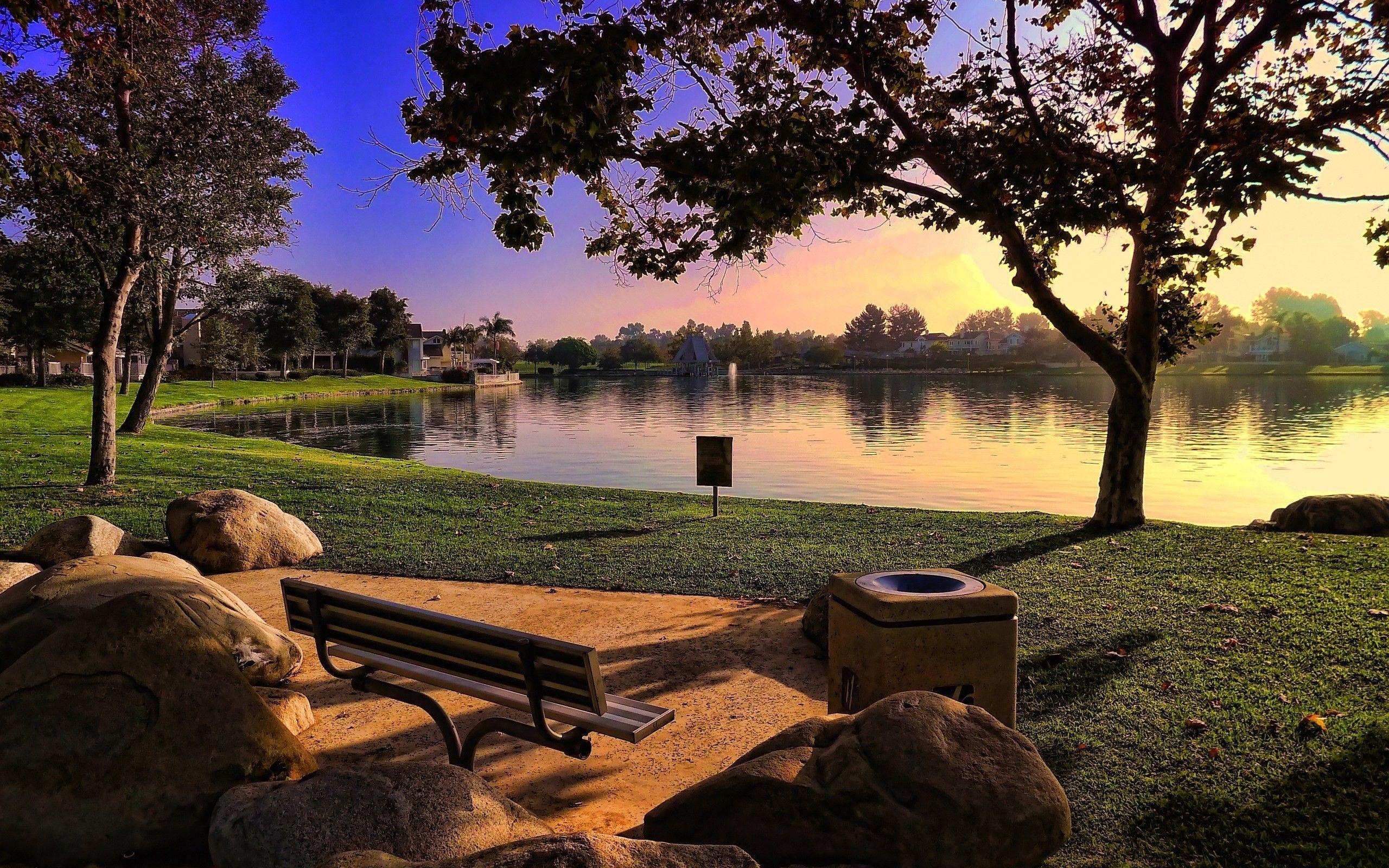 Sunset landscapes nature trees bench lakes hdr photography parks