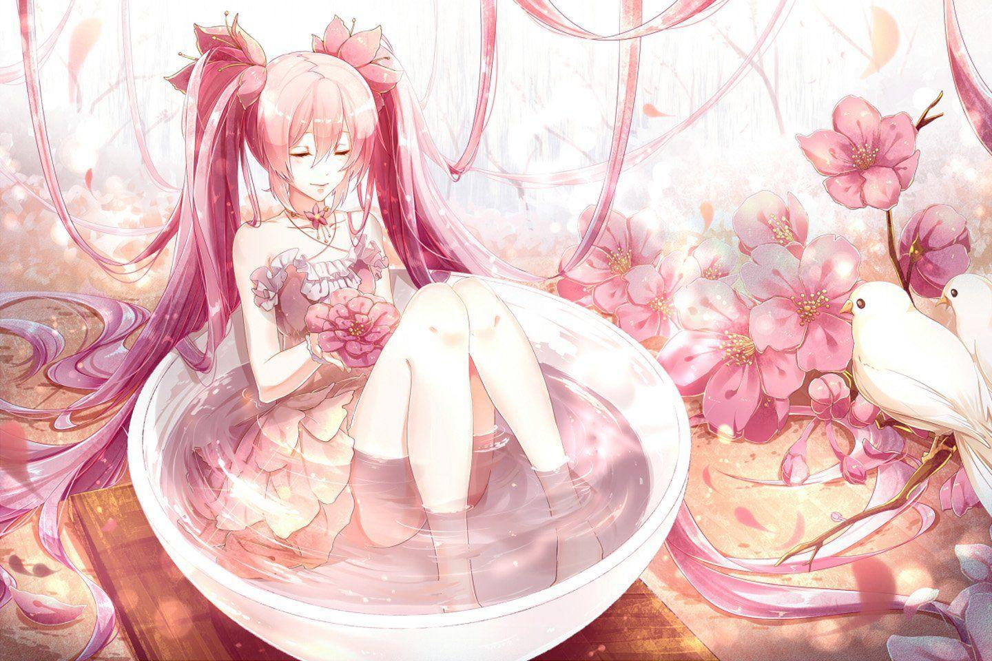Dress flowers hatsune miku long hair petals phino (jinko0094) pink