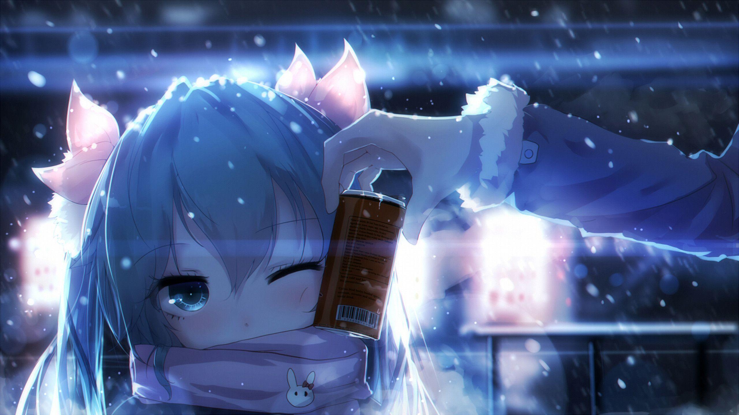 Anime Wallpaper 2560 x 1440 Hatsune Miku, snow, cold, blue, scarf