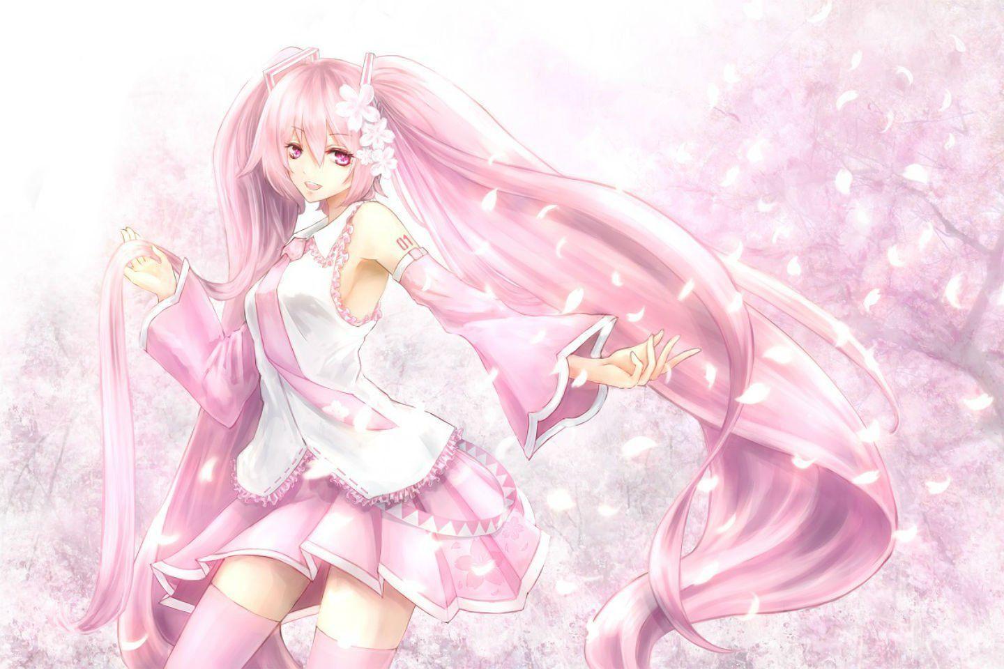 Hatsune miku long hair mia (yanaginiame) petals pink eyes pink