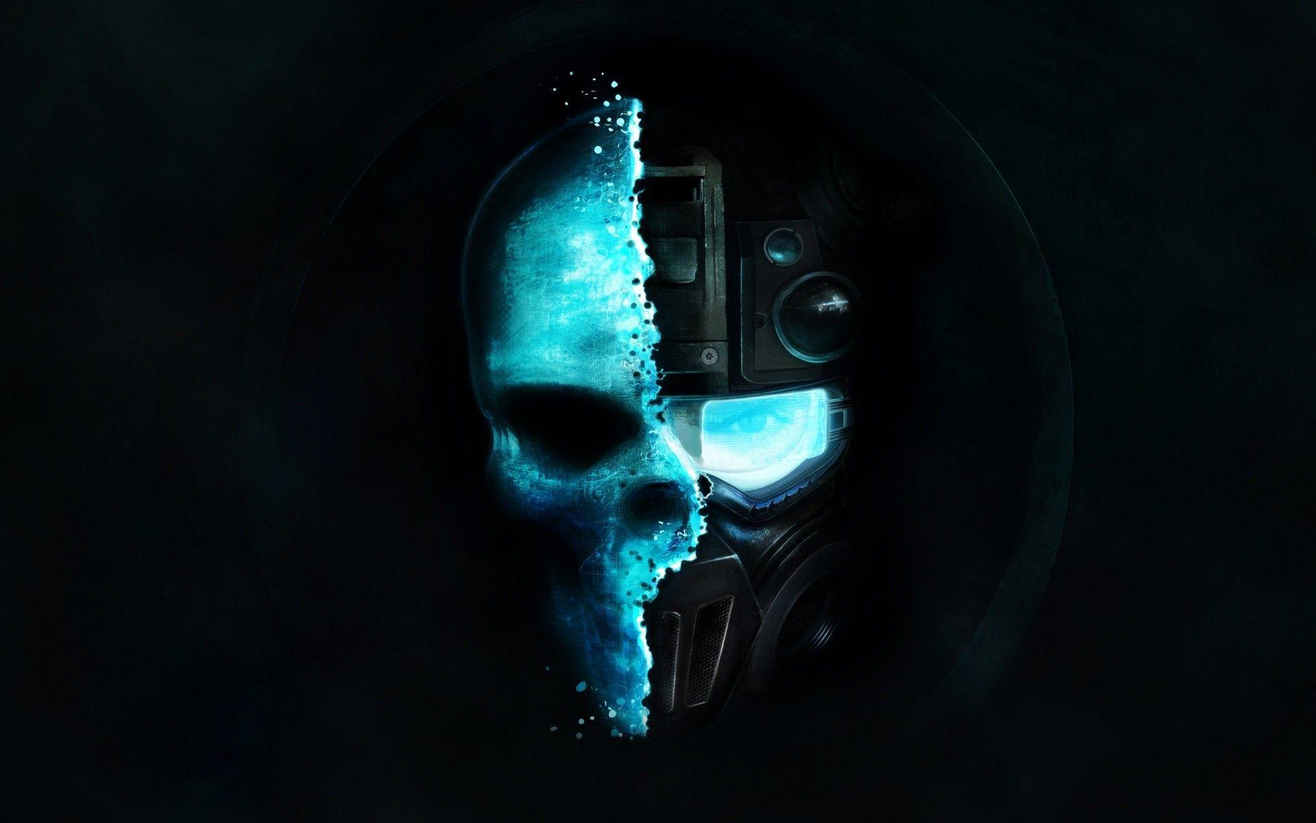 minimalism, Digital Art, Blue Background, Skull, Gas Masks