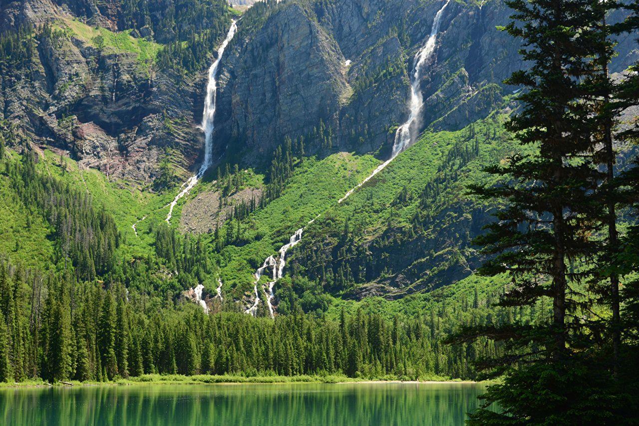 Wallpaper USA Avalanche Glacier Montana Nature Mountains Waterfalls