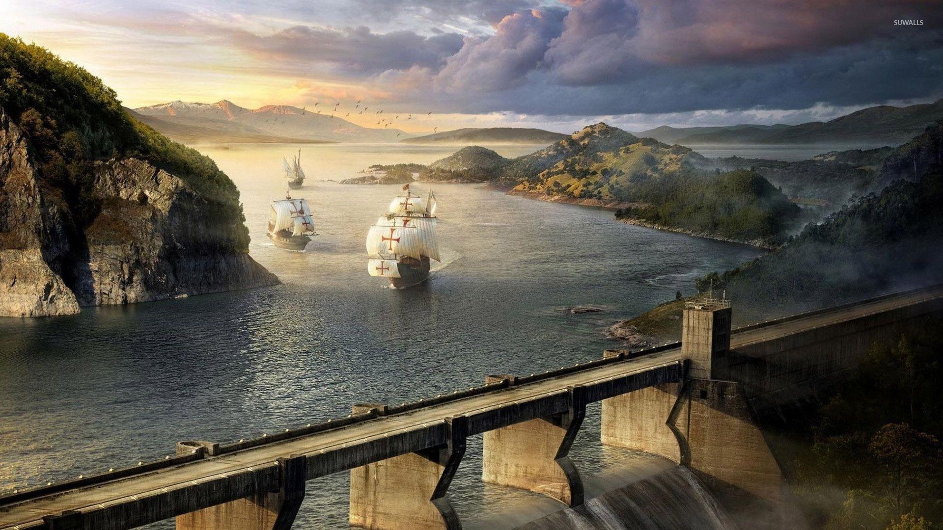 Ships near the dam wallpaper wallpaper