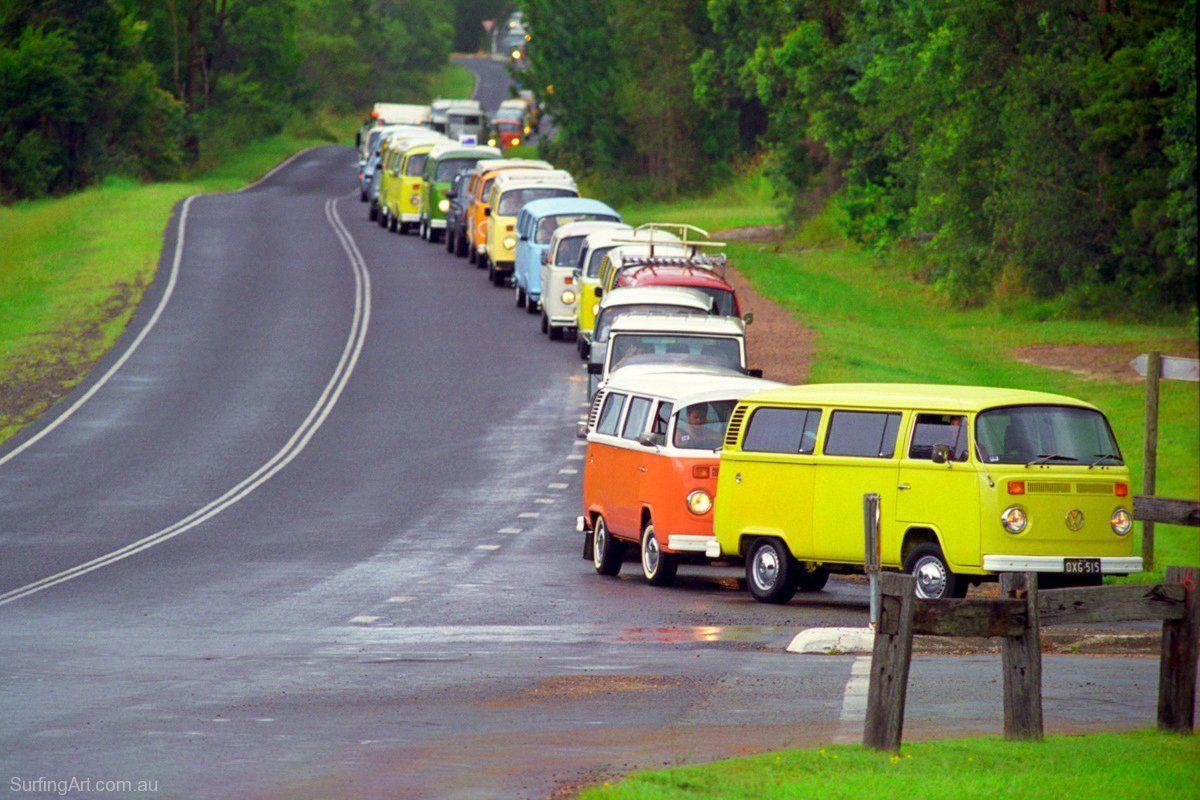 Kombi convoy, pretty sure on the annual Mardi Grass Kombi Convoy