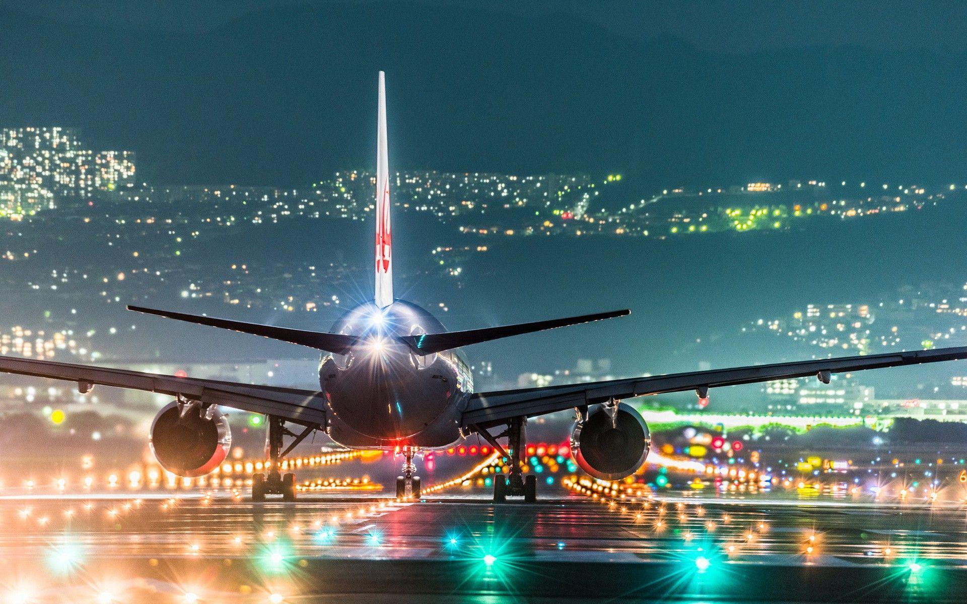 lights, runway, cityscape, wings, Osaka, Japan, airplane, night