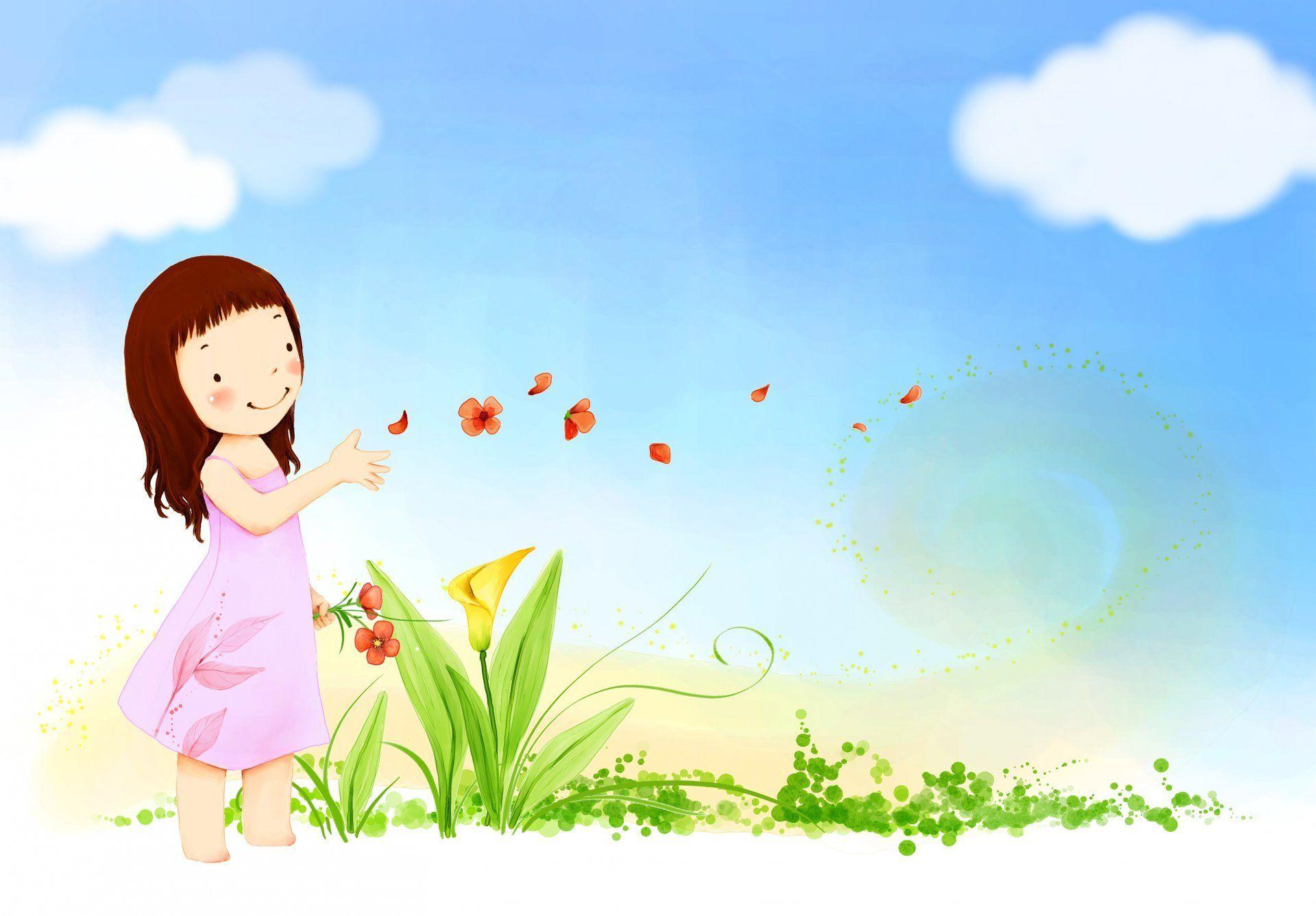 children's wallpaper girl smile dress wind flower petals sky