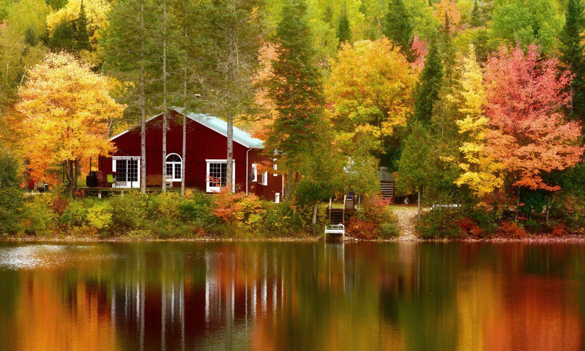 House on Autumn Lake in Quebec HD Wallpaper. Background