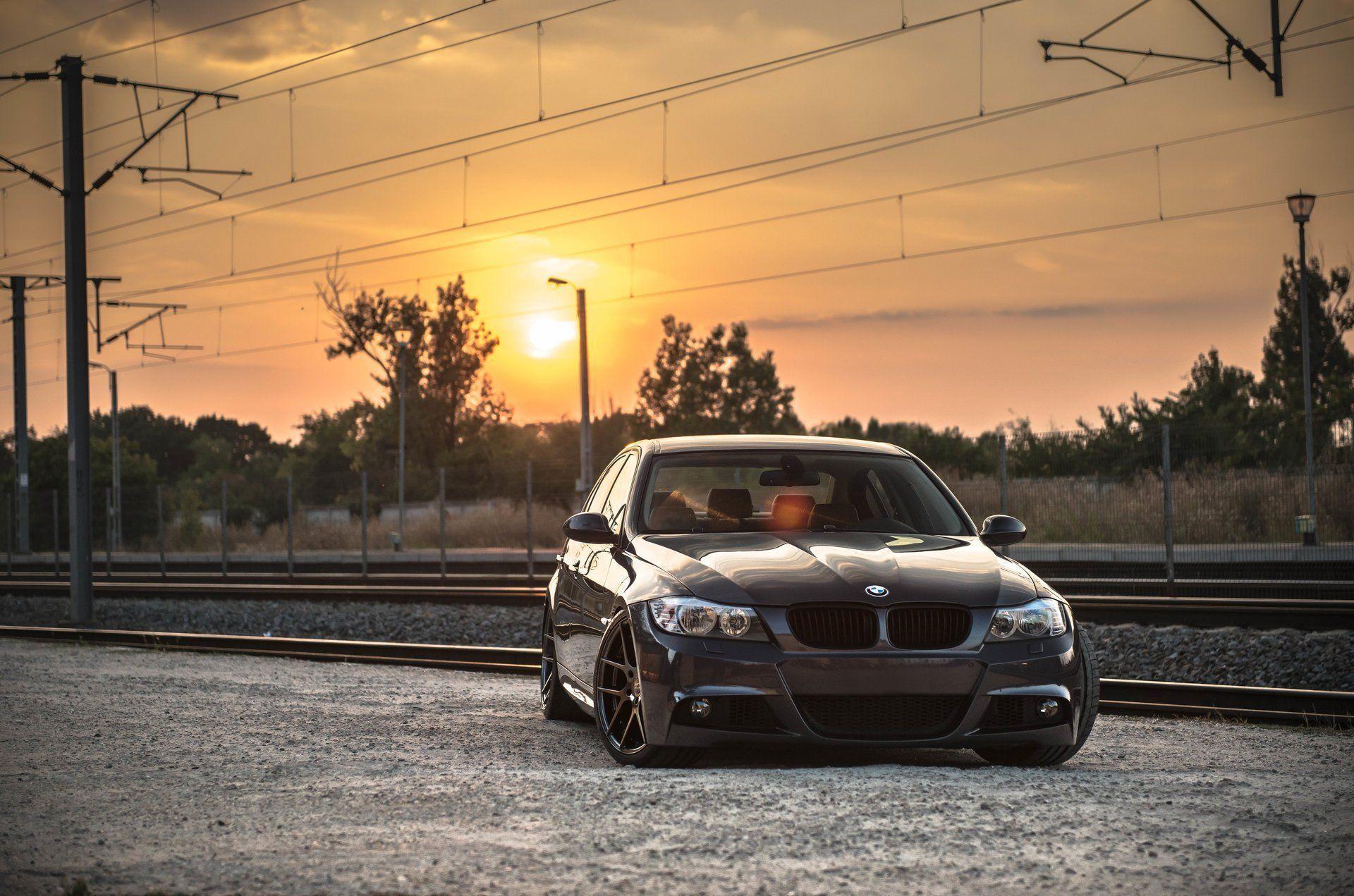 bmw e90 deep concave bmw tuning drives sunset railroad HD wallpaper