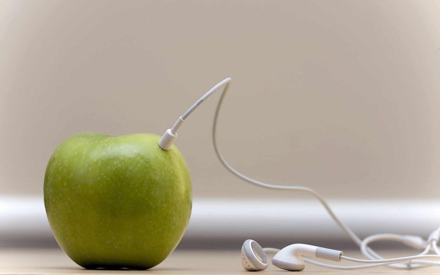 Earphones Connected to Apple widescreen wallpaper. Wide