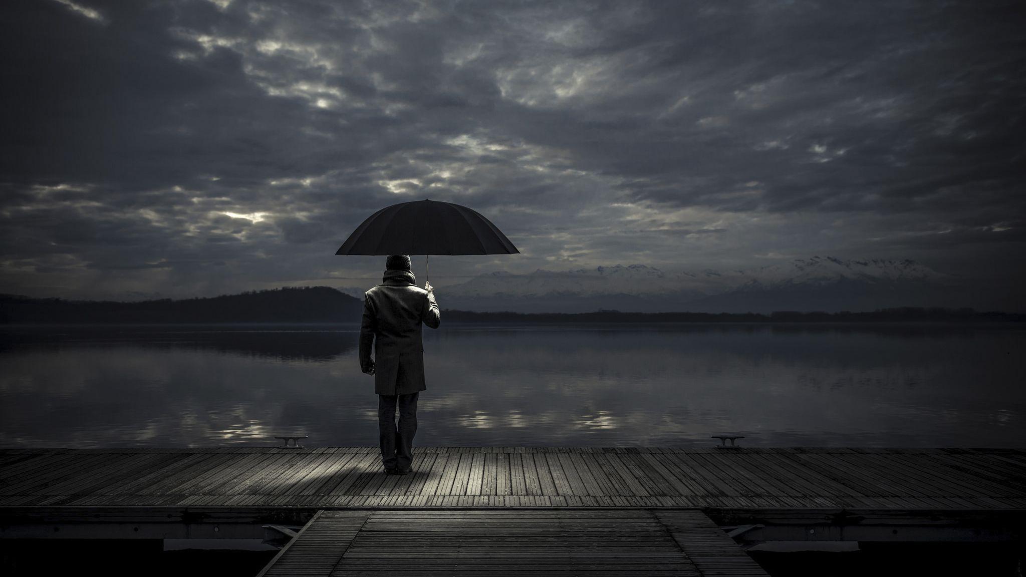 Download Alone man With Umbrella HD 4k Wallpaper In 2048x1152