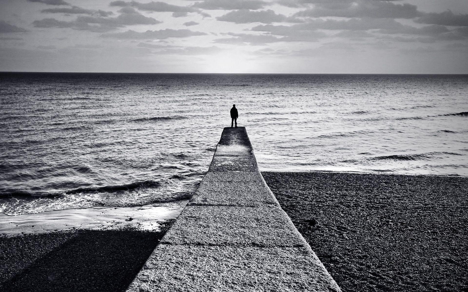 ocean, clouds, grayscale, sea, alone man, beaches wallpaper