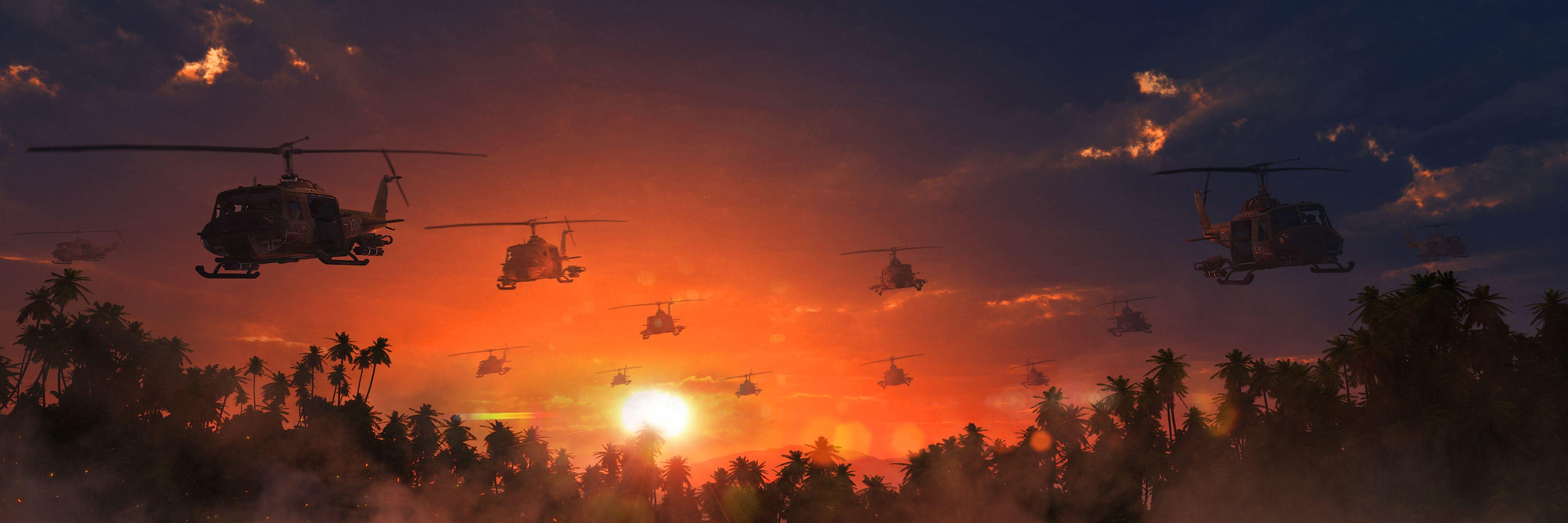 Wallpaper Helicopters The Vietnam war Sun Sky Sunrises 4320x1440