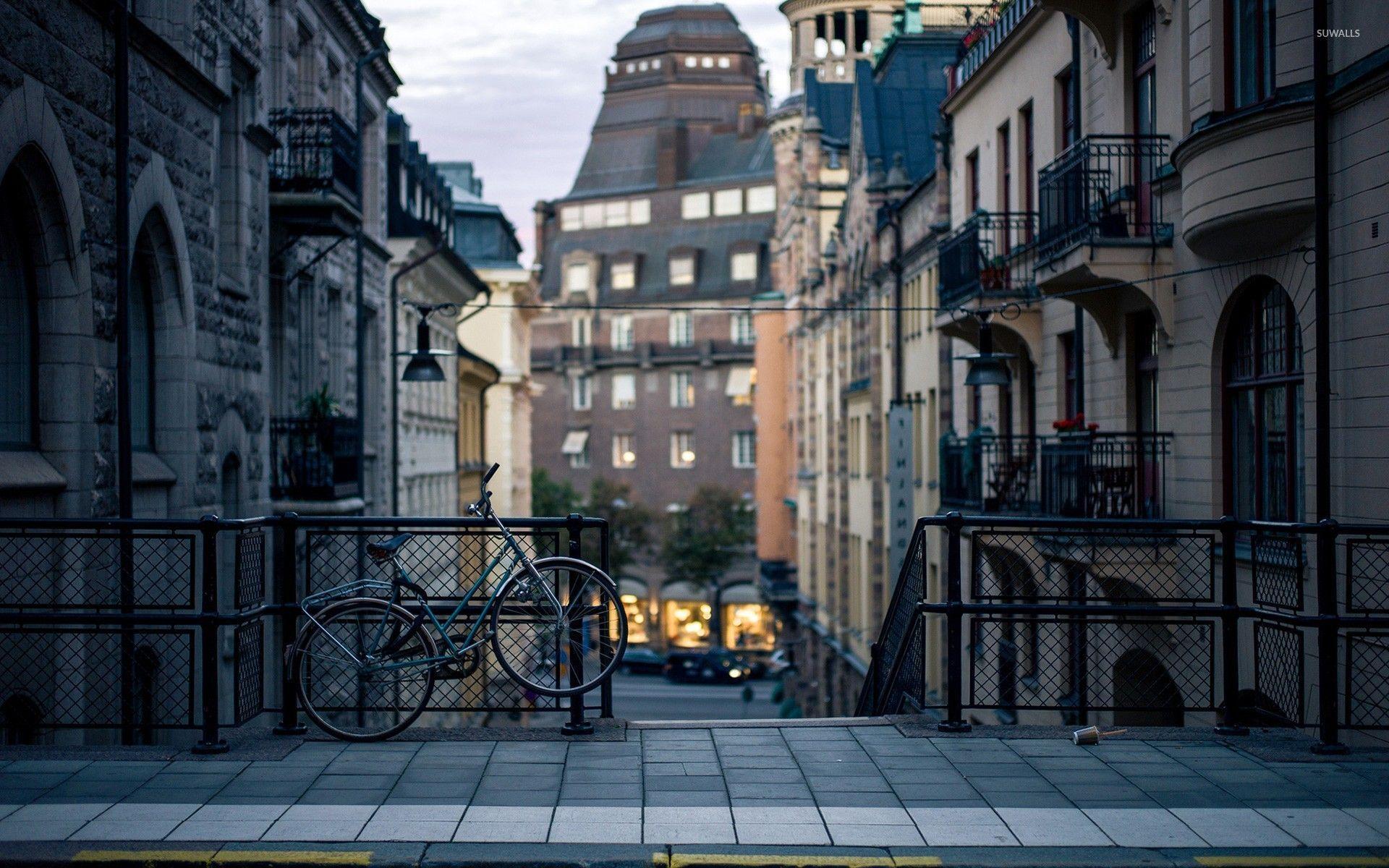 Bicycle on a street in Stockholm wallpaper wallpaper