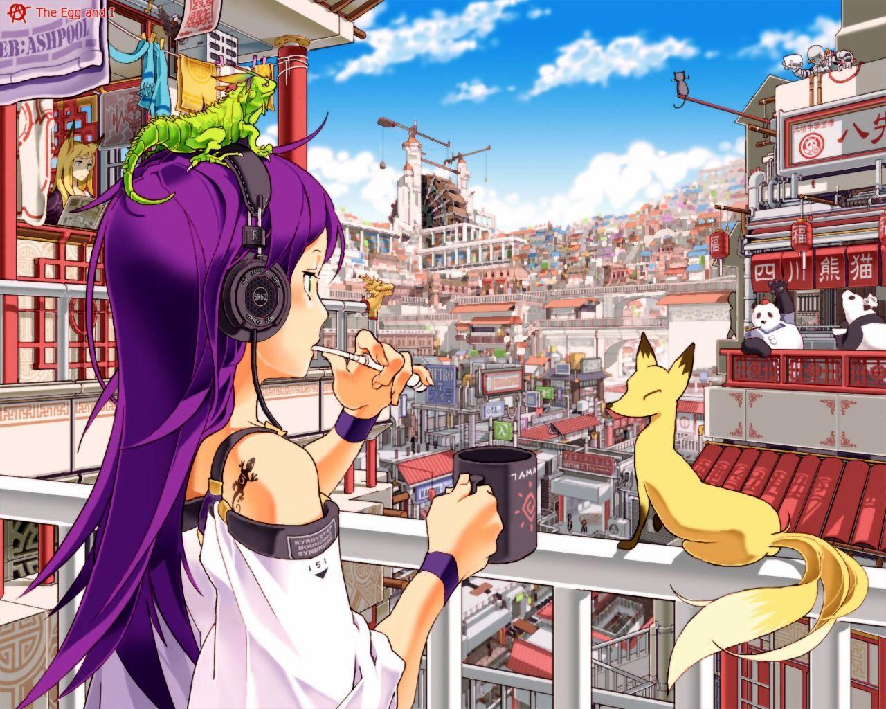 Anime City Tattoo Purple Hair Headphones Kitsune HD Wallpaper