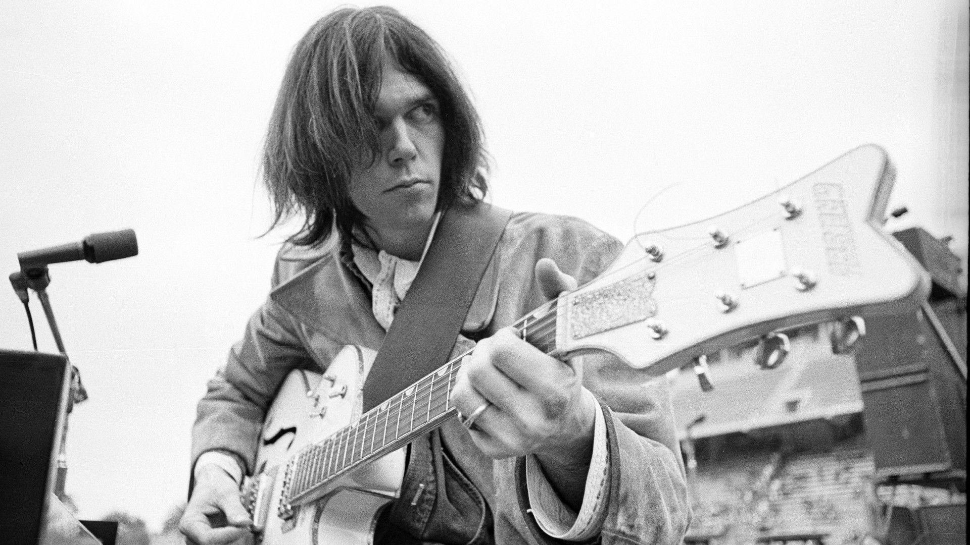 Download Wallpaper 1920x1080 Neil young, Guitar, Hair, Microphone