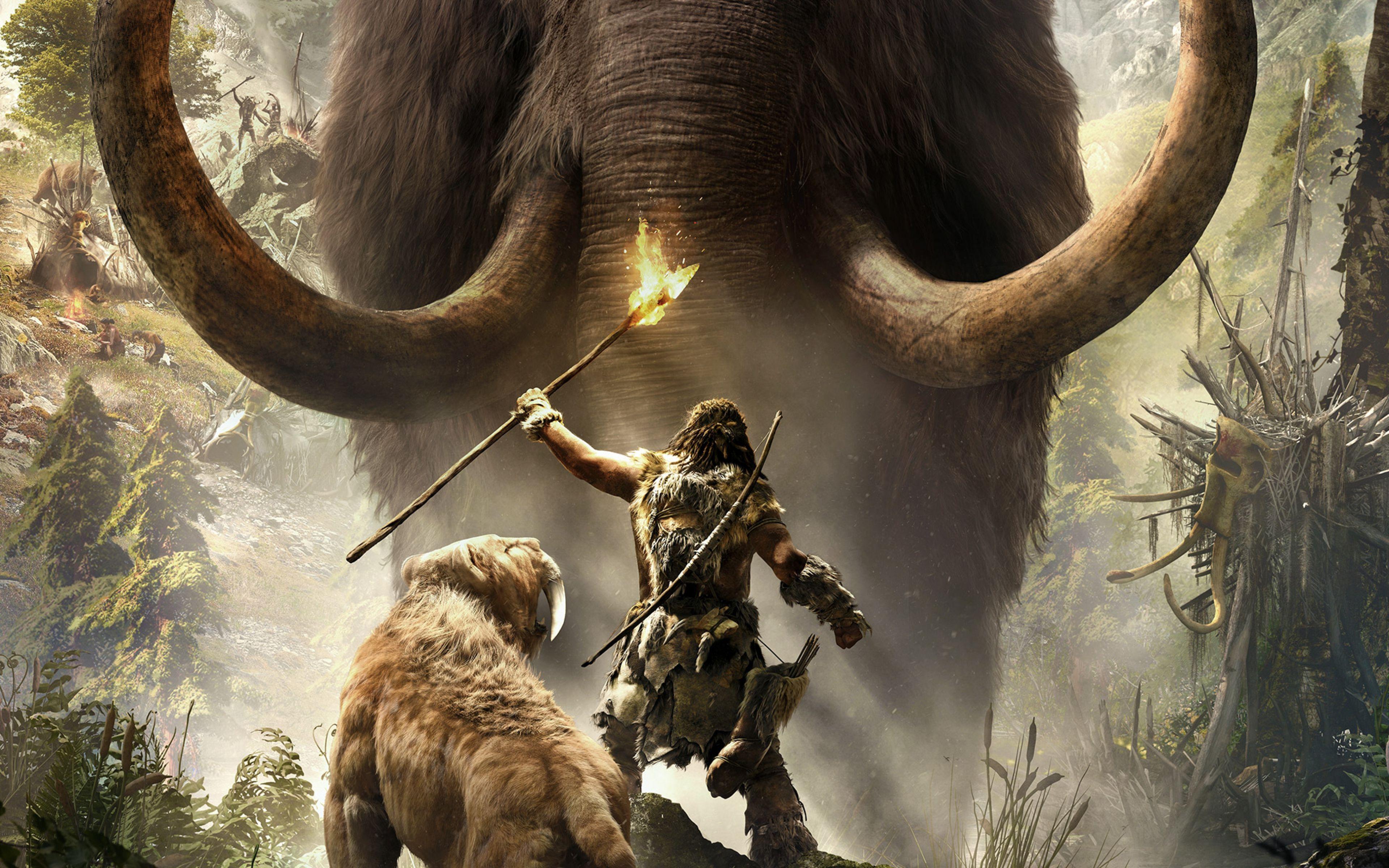 Far Cry Primal Game Mammoth Lion Adventure HD Background Wallpaper