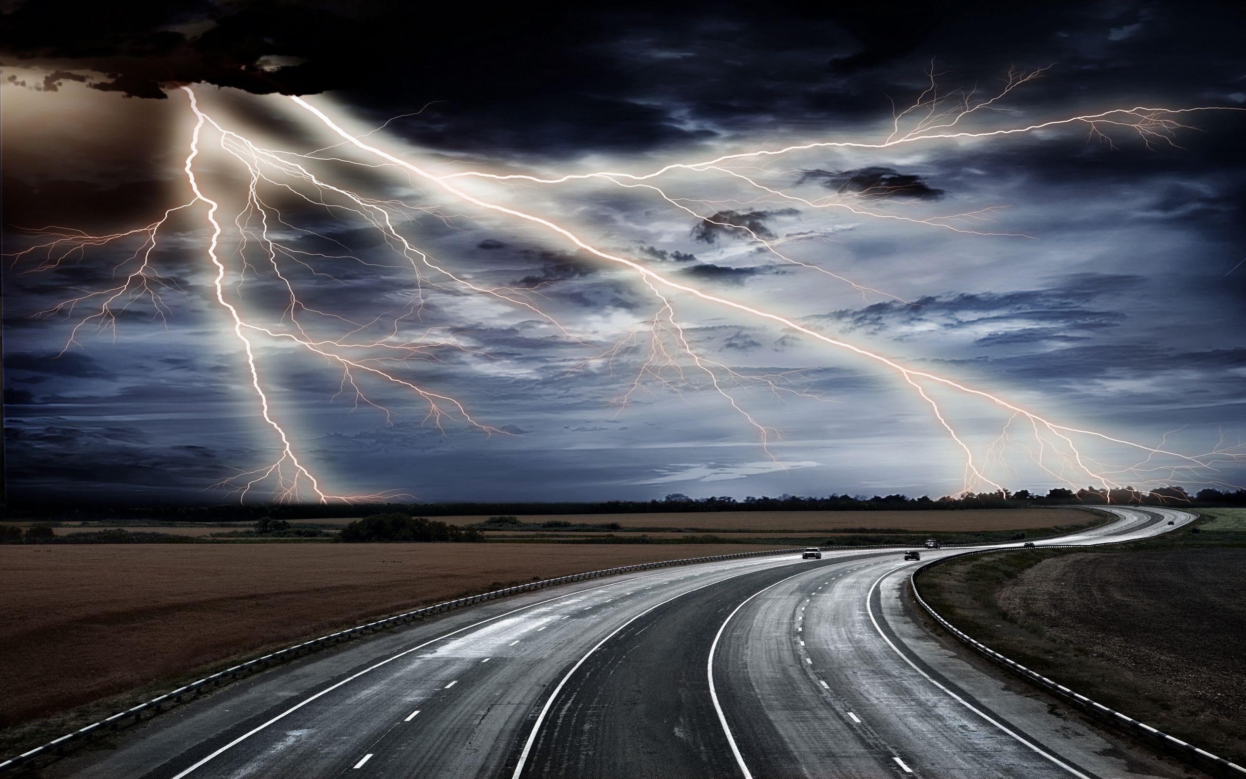 Wallpaper Lightning, Road, Asphalt, Elements, Sky, Bad weather