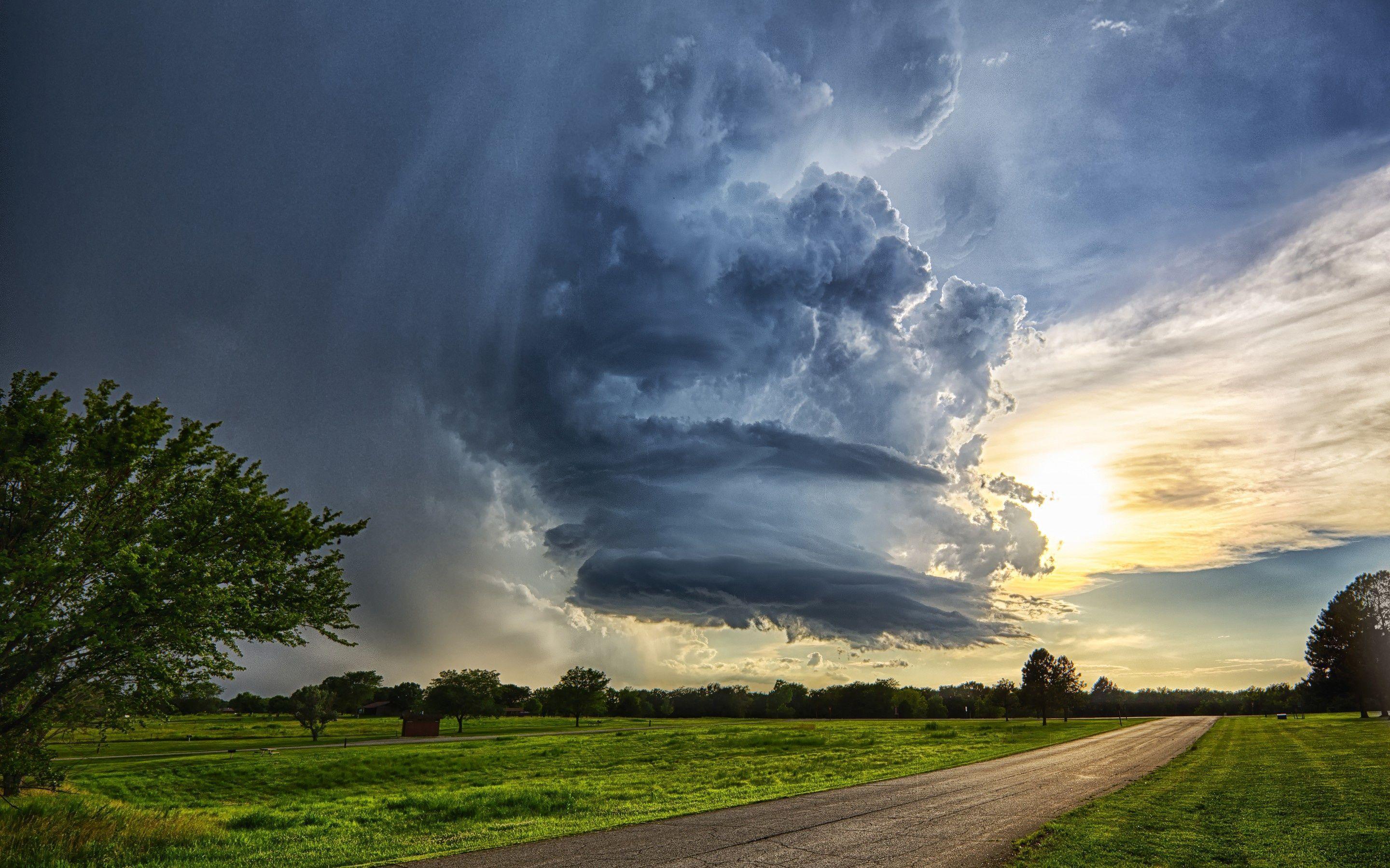 Wallpaper road, field, trees, clouds, bad weather, storm desktop