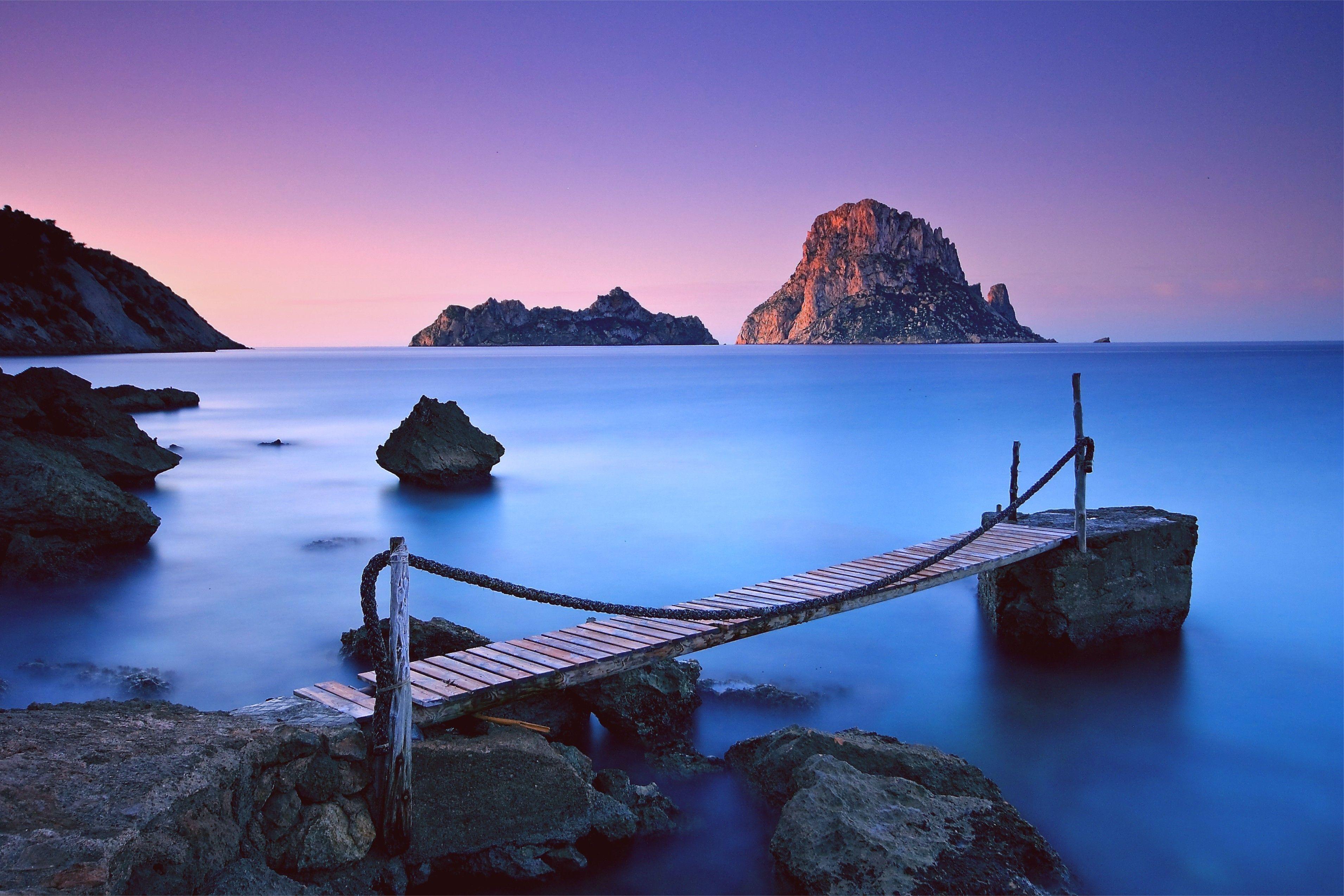 sea, Pier, Ropes, Horizon, Rock, Sky, Pink, Blue, Es vedra, Island