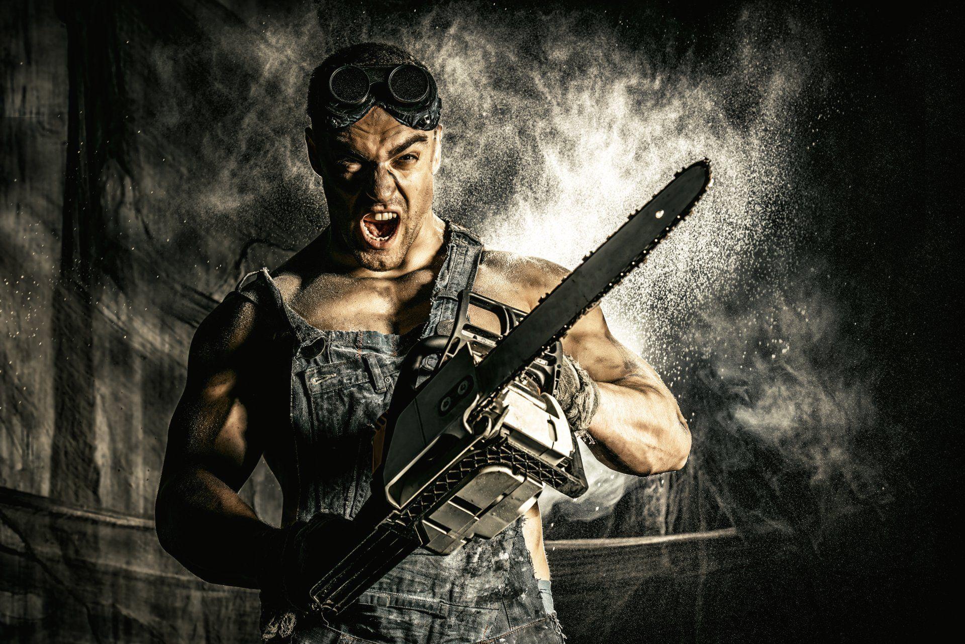 guy hard worker sunglasses chainsaw overall HD wallpaper