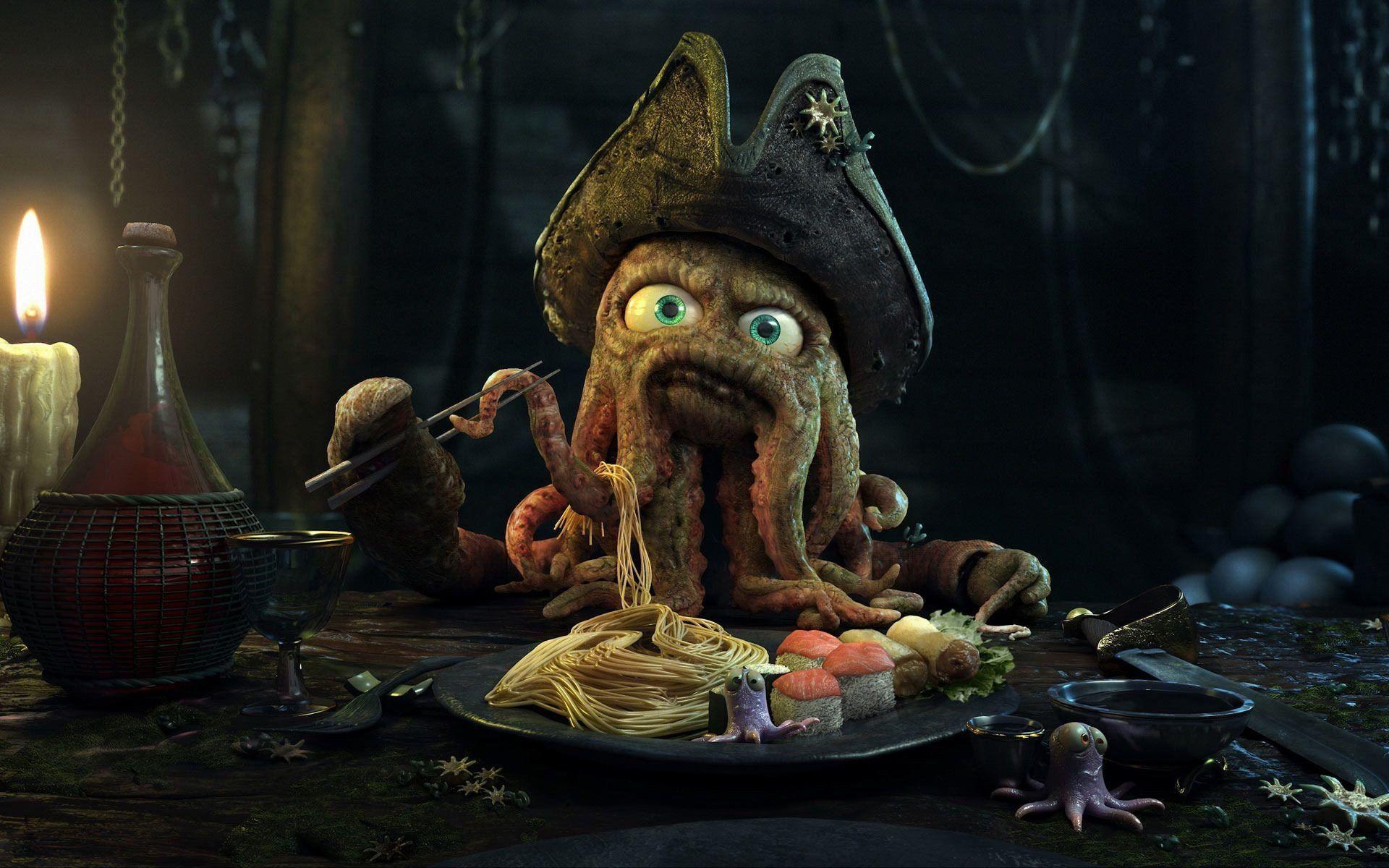 Funny octopuses digital art dinner Davy Jones wallpaper