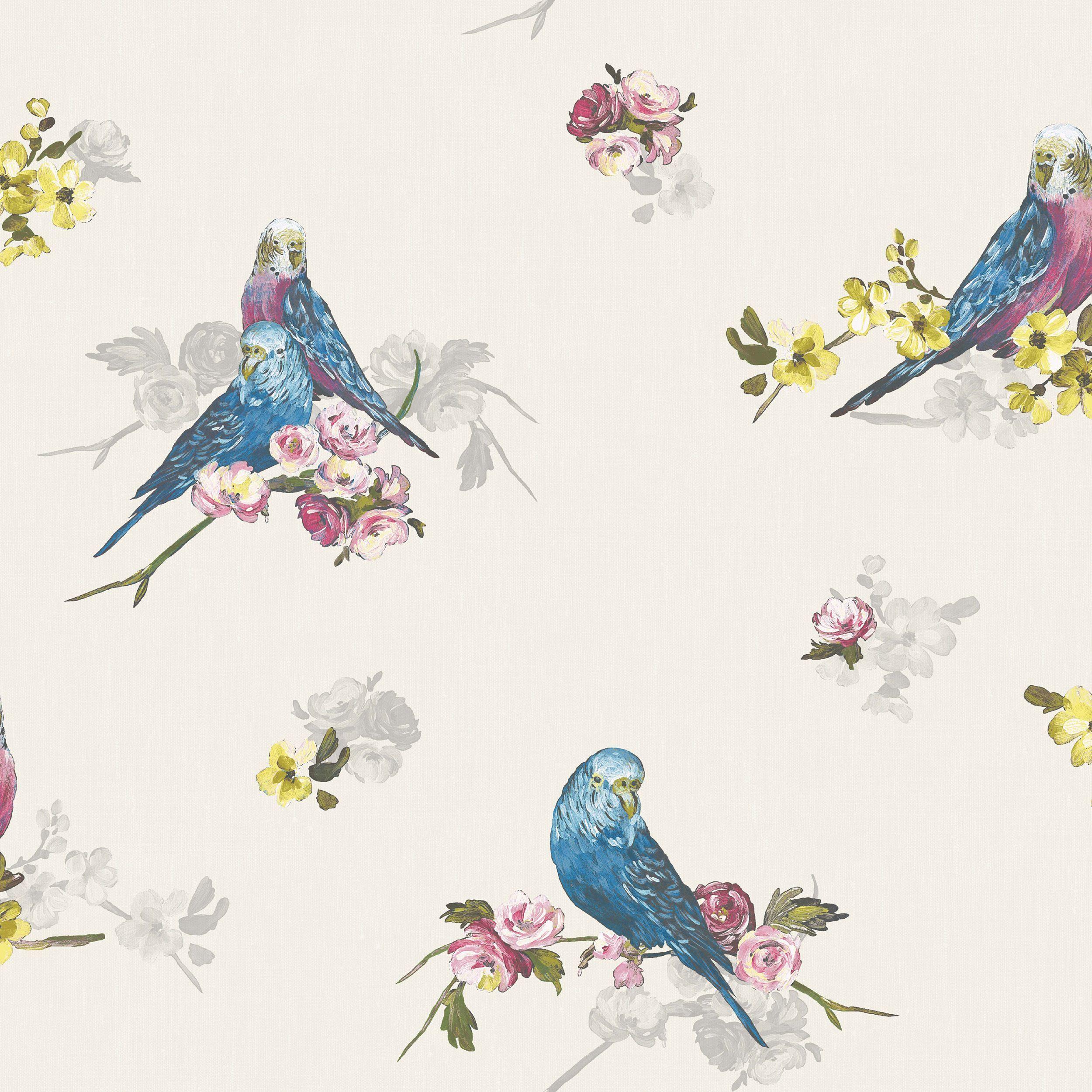 Statement Budgie Blue & Grey Floral Birds Wallpaper. Departments