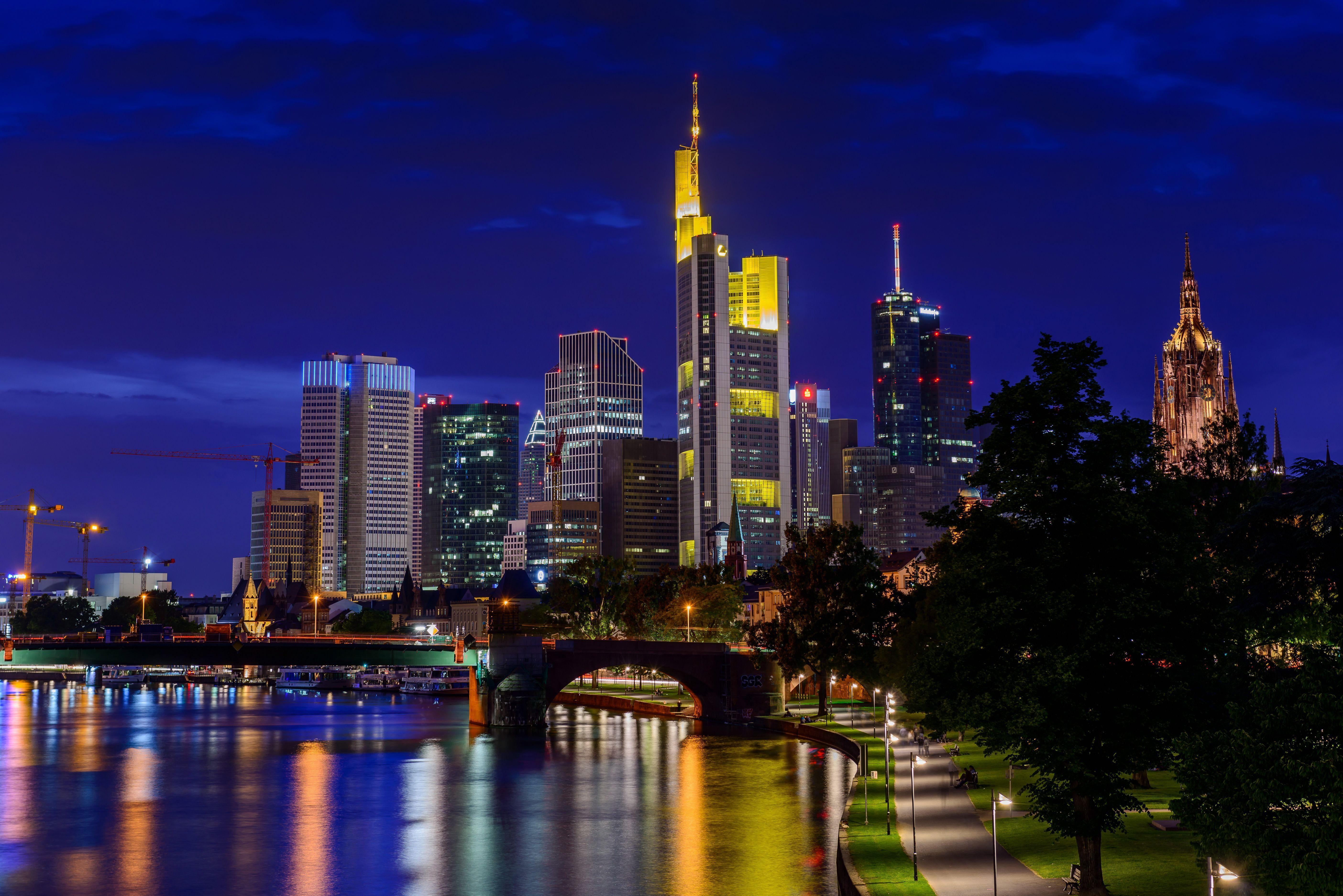 image Frankfurt Germany Bridges Night Rivers Cities 5616x3748