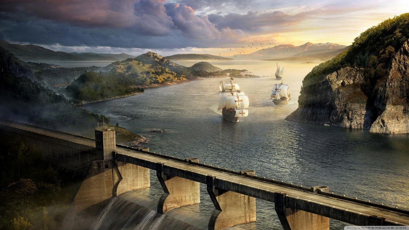 Modern Dam And Old Ships HD desktop wallpaper, Widescreen