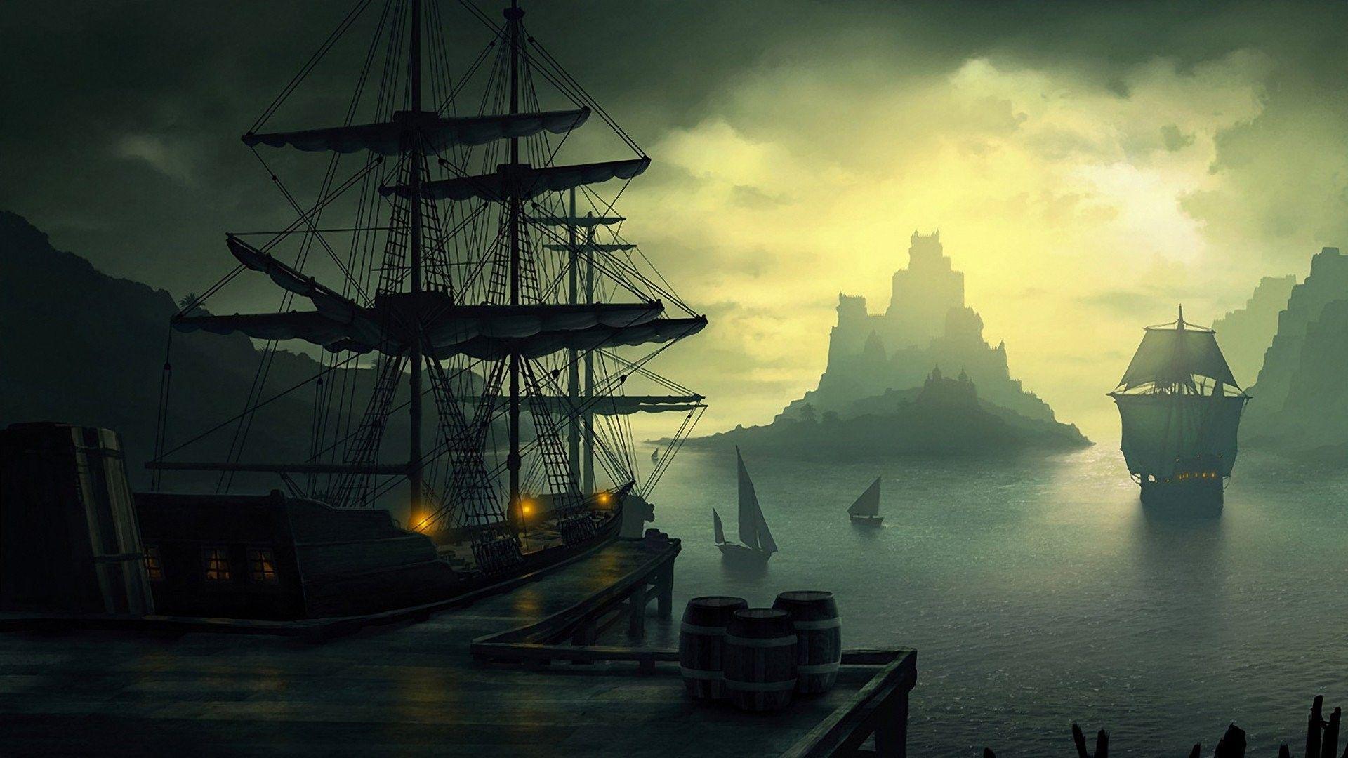 old ship, Ship, Barrels, Clouds, Sailing, Lantern, Sun, Island