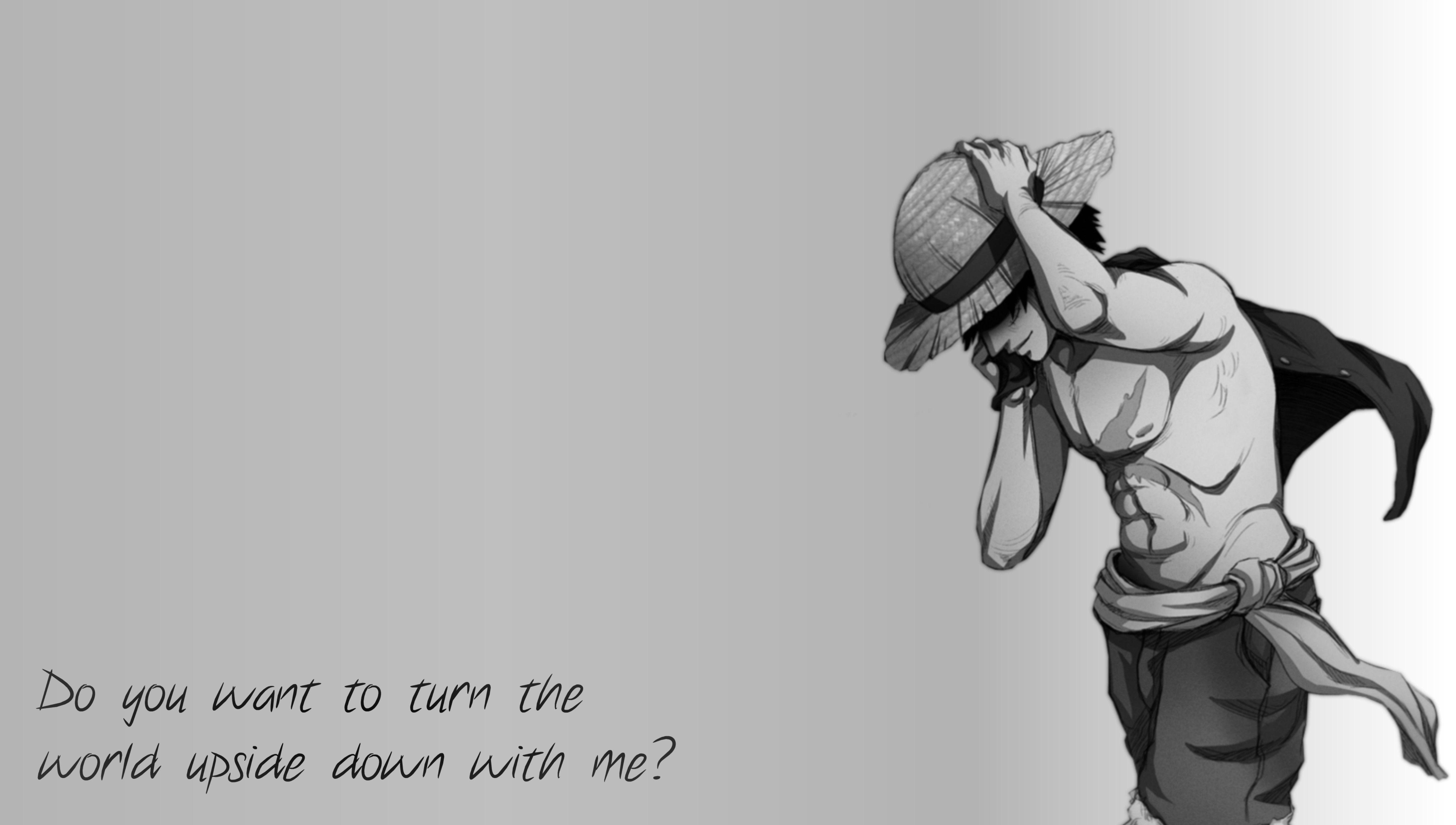 black and white, quotes, abs, straws, smiling, Monkey D Luffy