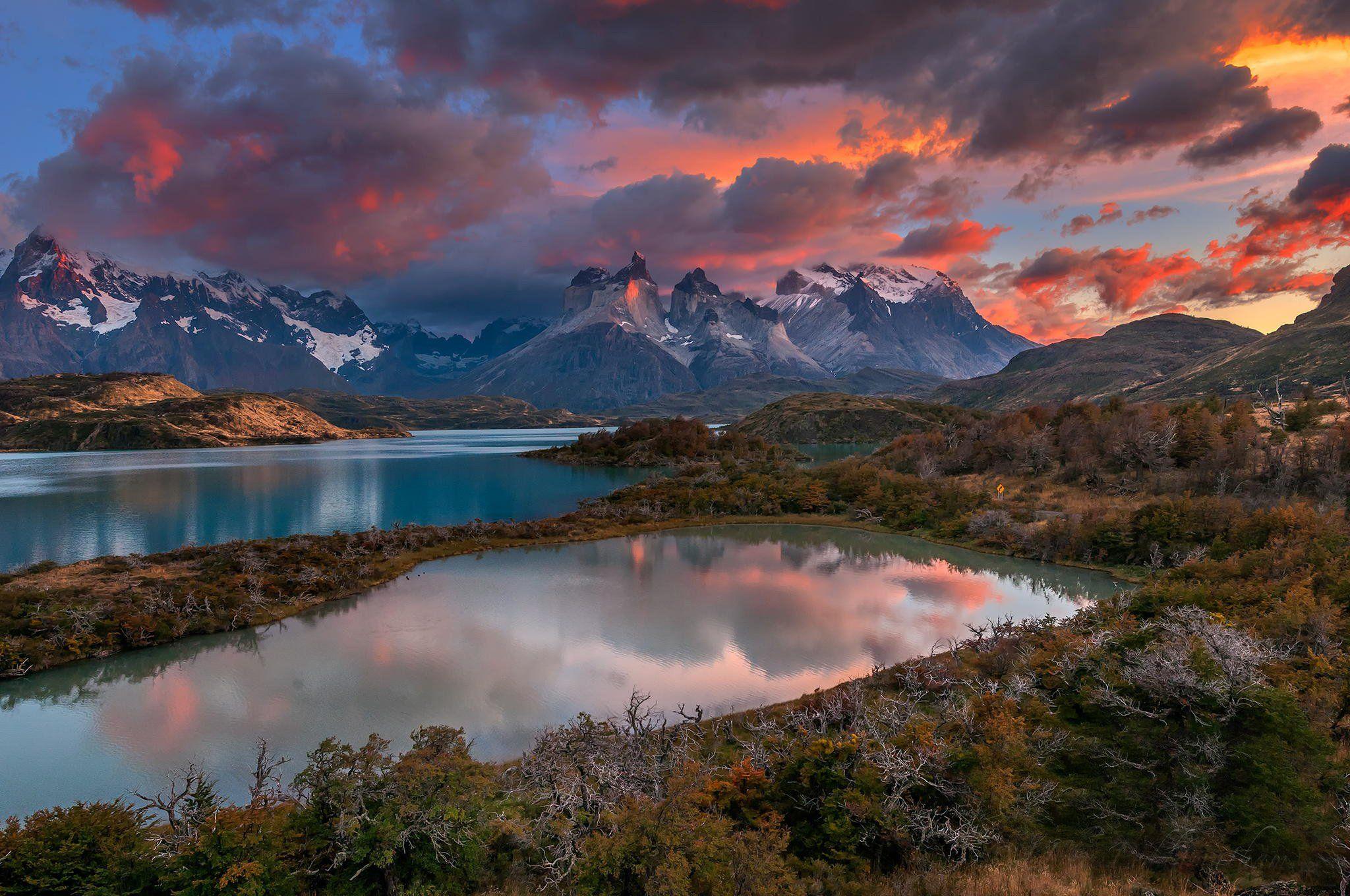 Patagonia Chile river clouds mountains wallpaperx1360