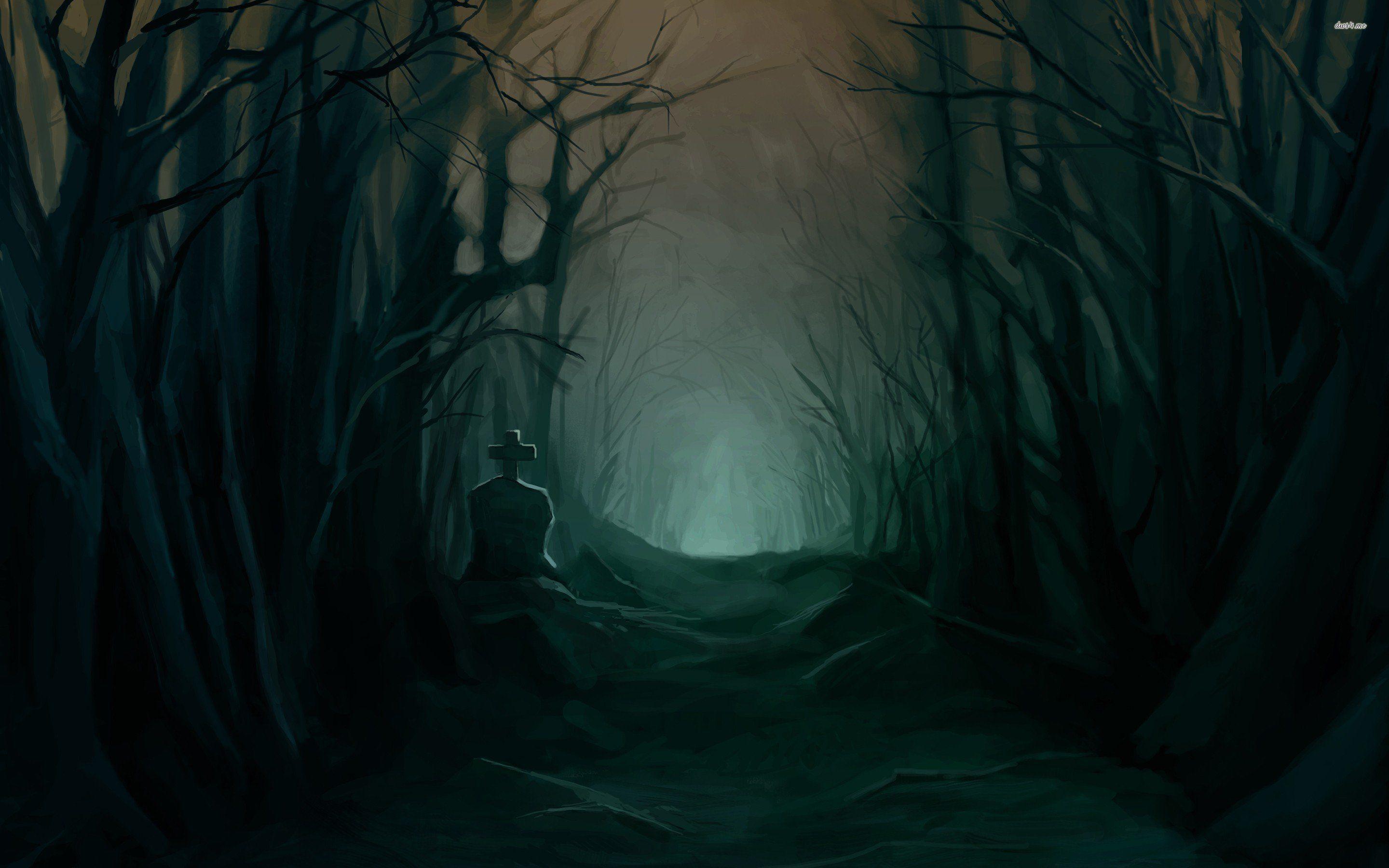 Tombstone In The Dark Forest Wallpaper